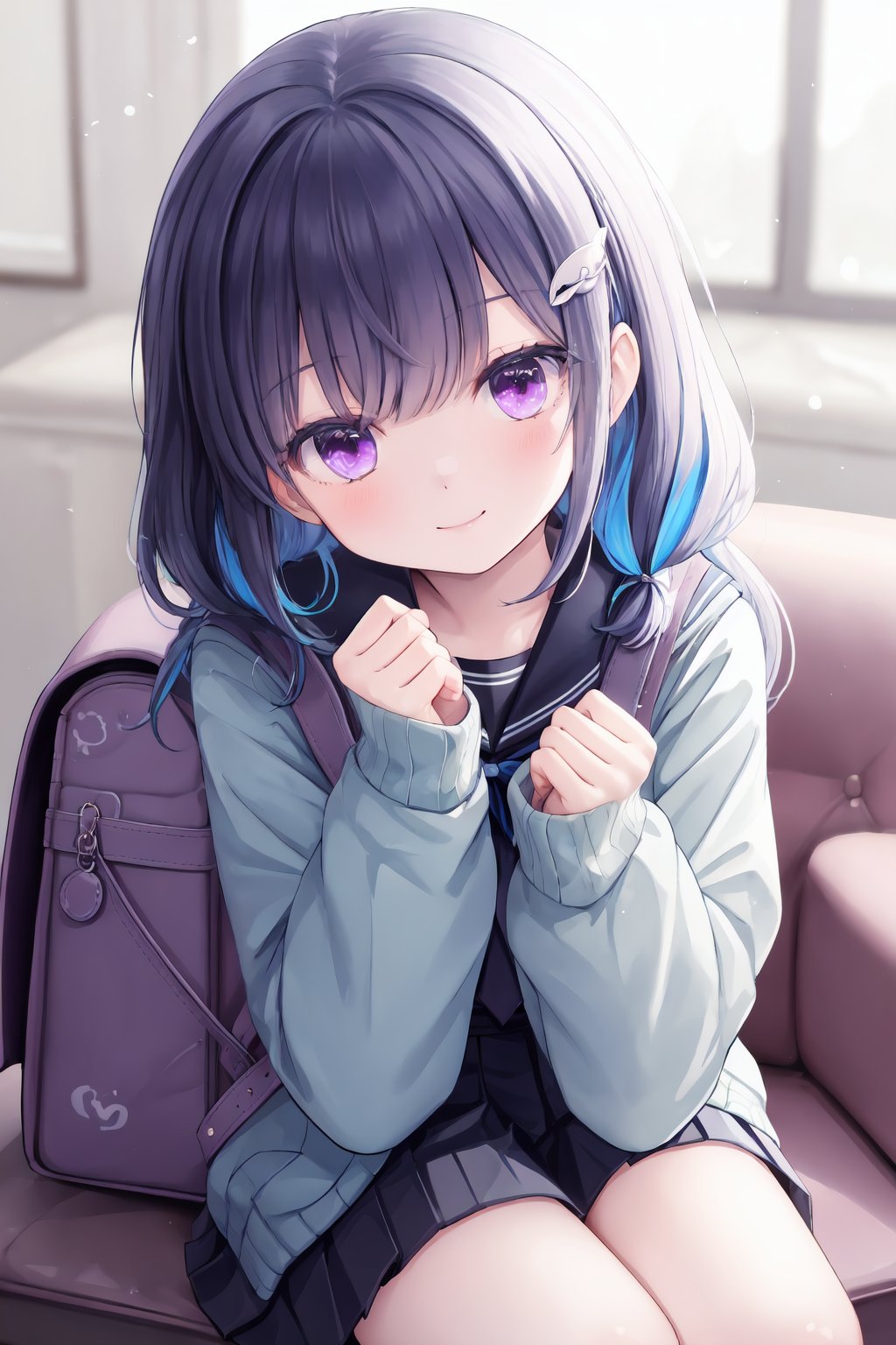 1girl, lize helesta, virtual youtuber, bag, solo, long hair, hair ornament, multicolored hair, looking at viewer, purple eyes, bangs, long sleeves, sitting, pleated skirt, cardigan, closed mouth, sleeves past wrists, blue cardigan, school uniform, school bag, blue hair, braid, blurry background, white hair, blurry, sailor collar, indoors, smile, blush, depth of field, backpack, two-tone hair, hairclip, couch, yunmi style, sf5etf98, s6f8ey8vsdj, dr6g8cvwo, s5fr8gt, a35veo8vsdo, c6gw9oyh, c6s9eo5j