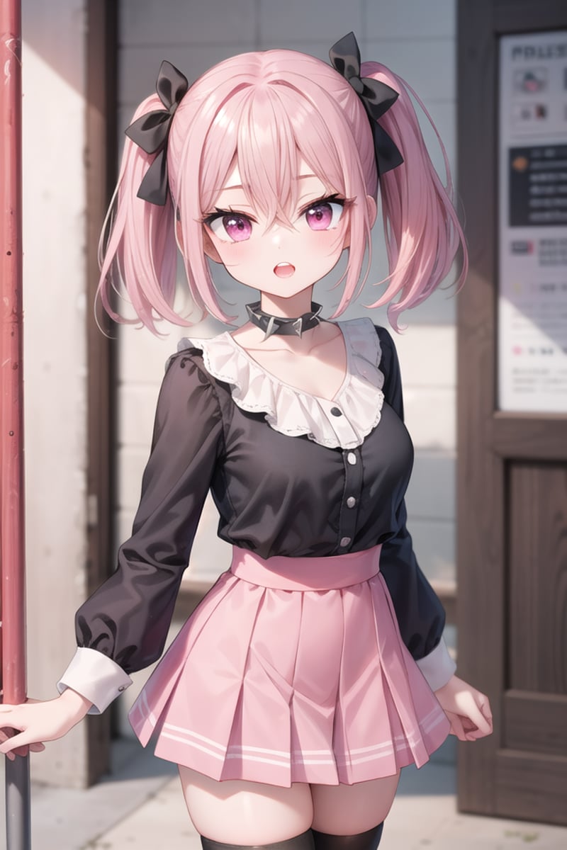 <lora:talkmouth_U_type1_v200:1>insanely detailed, absurdres, ultra-highres, ultra-detailed, best quality,1girl, solo, nice hands, perfect handsBREAKjirai kei,thighhighs, skirt, twintails, pink skirt, collar, bow, black thighhighs, black bow, long hair, pink bow, hair bow, spiked collarBREAK(nsfw:-1.5)BREAKsmile, open mouthBREAK,standing, cowboy shot, looking at viewerBREAKslender, kawaii, perfect symmetrical face, ultra cute girl, ultra cute face, ultra detailed eyes, ultra detailed hair, ultra cute, ultra beautifulBREAKin japanese street, cityscape in japan, depth of field, ultra detailed backgroundBREAKmedium breastsBREAKpink hair, pink eyes, short hair, hair between eyes