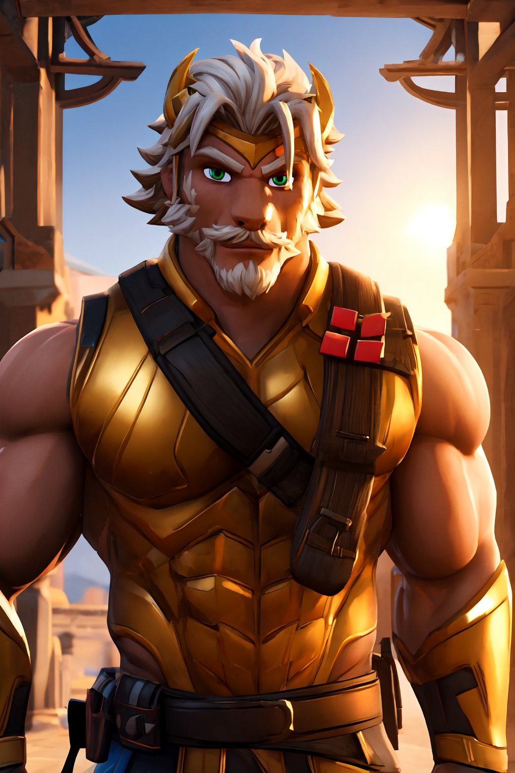 zeusfortniteV1, 1boy , mature male, looking at viewer,  white skin, white hair, green eyes, beard, mustache, male focus, facial hair, muscle,   <lora:zeusfortnite-09:0.5>, golden armor, shotgun shell bandolier,  grecia, sunlight,, masterpiece, 4k, high quality, highres, absurdres,