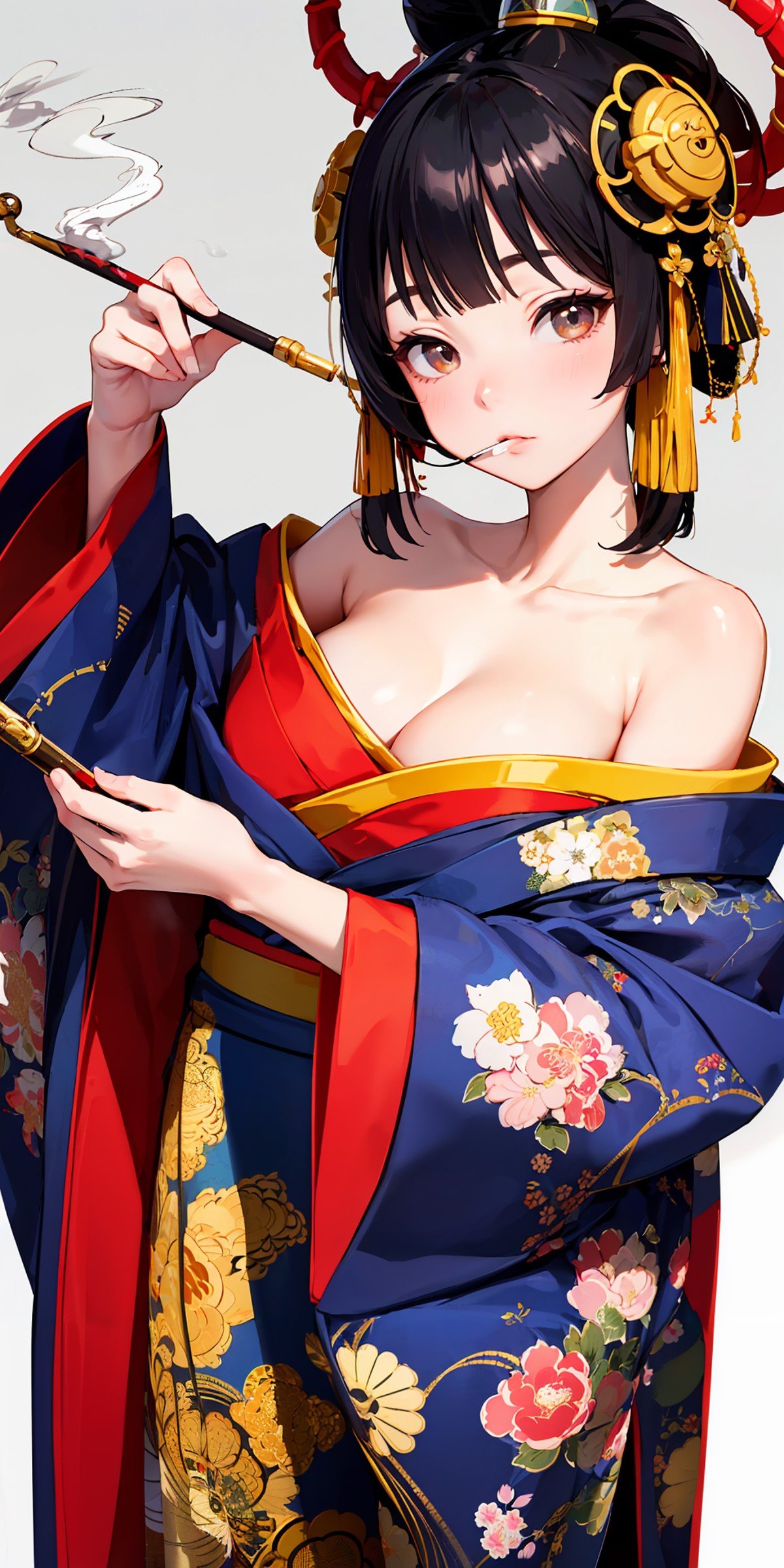 masterpiece,ultra-detailed,best quality,8K,illustration,cute face,clean skin ,shiny hair,girl,,simple background,cowboy shot, <lora:oiran_V1.0:0.8> oiran, hair ornament, japanese clothes, floral print,off shoulder,holding smoking pipe,smoking