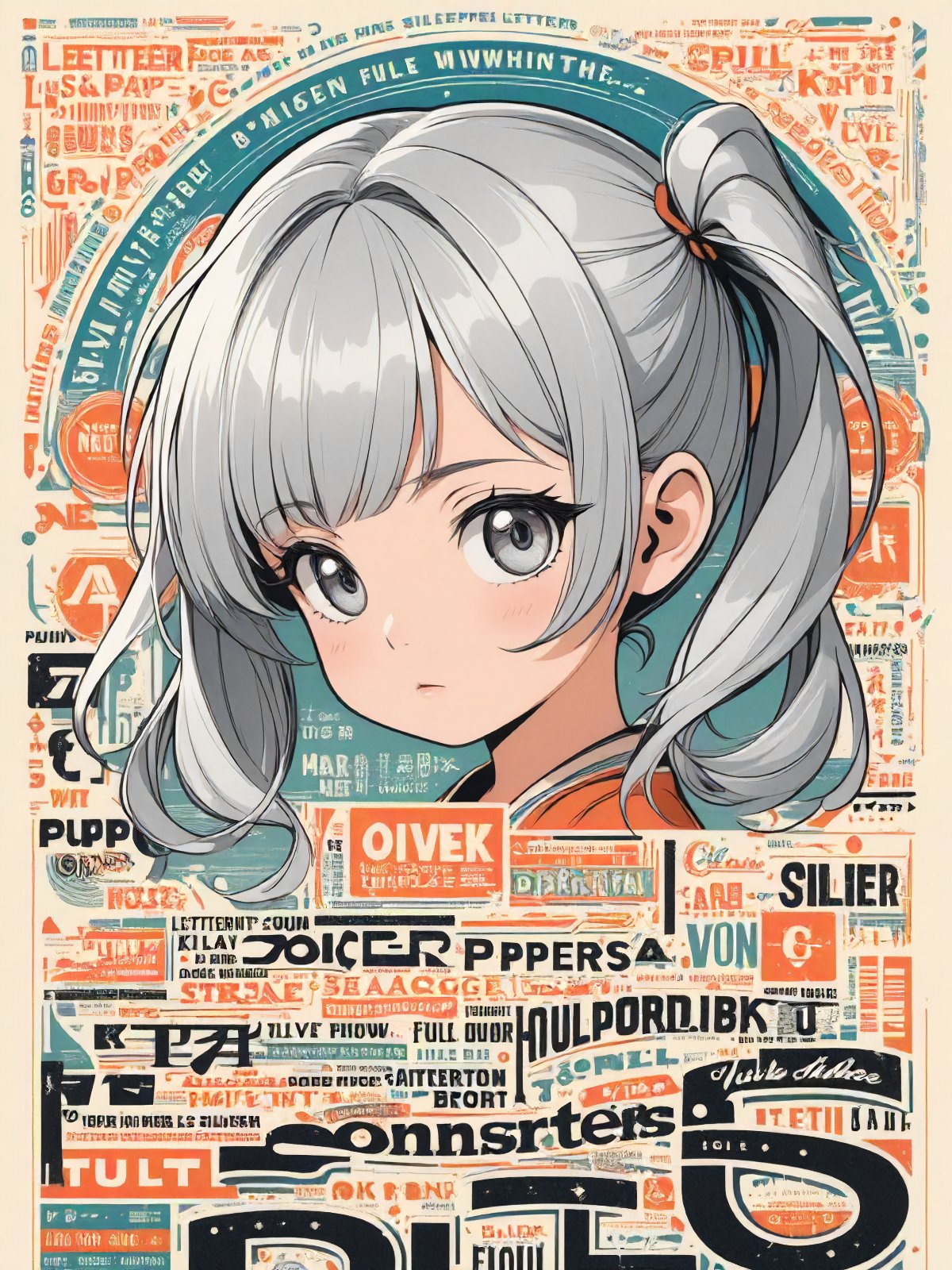 Masterpiece, Typography, Text art, Pulp paper, Letterpress, Beautiful lettering, Clean outlines, Concept art, Message, Full screen, Color printing, Manga style, Girl, aged down, silver hair, long twintails, silver eyes, small body