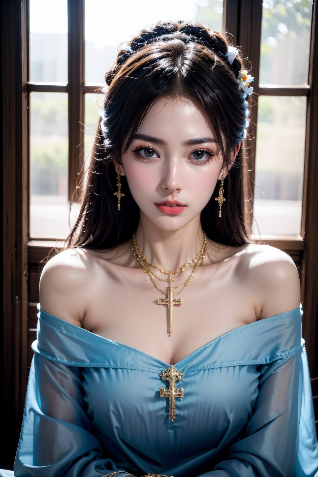 <lora:AgainRealistic_v2.0:1>,AgainRealistic_v2.0, 1girl, solo, necklace, jewelry, realistic, breasts, looking at viewer, cleavage, dress, earrings, hair ornament, bare shoulders, black hair, parted lips, window, upper body, lips, collarbone, cross, off shoulder, red lips, medium breasts, makeup, see-through dress, indoors, brown hair, black eyes, photorealistic, long sleeves, lipstick, backlighting, blurry, large breasts, sleeves past wrists