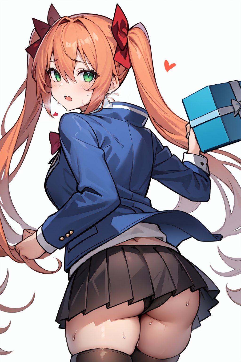 1girl, , ass, black skirt, blue jacket, bow, box, from behind, green eyes, hair between eyes, hair bow, heart-shaped box, holding, holding box, jacket, long sleeves, looking at viewer, miniskirt, orange hair, pink bow, pleated skirt, shirt, simple background, skirt, solo, standing, sweat, thighhighs, twintails, white background, white shirt, white thighhighs, 