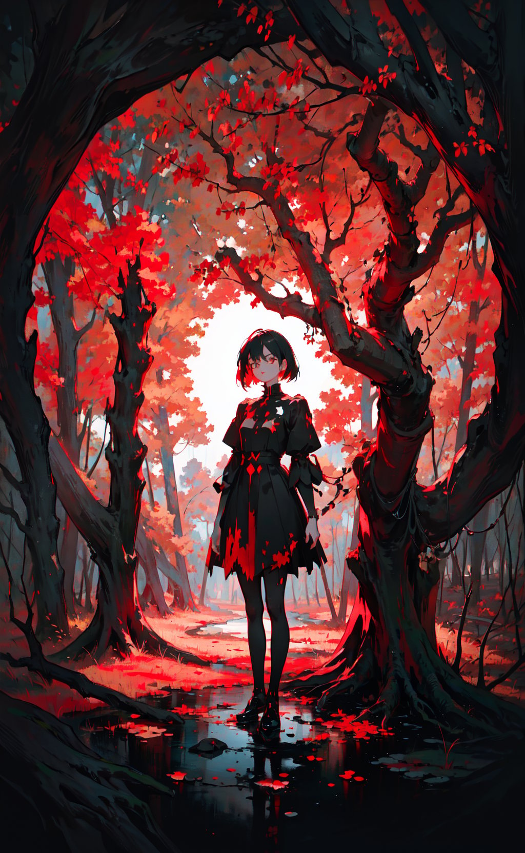 masterpiece, best quality, girl standing under the dead tree, black and red palette, eerie