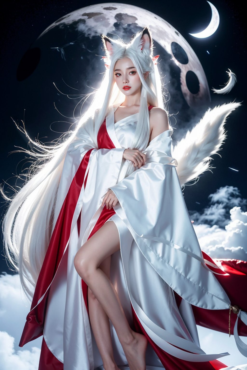 Ultra quality,8k,masterpiece,best quality,1girl,solo,long hair,looking at viewer,long sleeves,animal ears,cloud,night,moon, smoke,tail,full body,white hair,wide sleeves,fox ears,wind,robe,red lips,white theme, <lora:JAY - WHITE FOX:0.7>