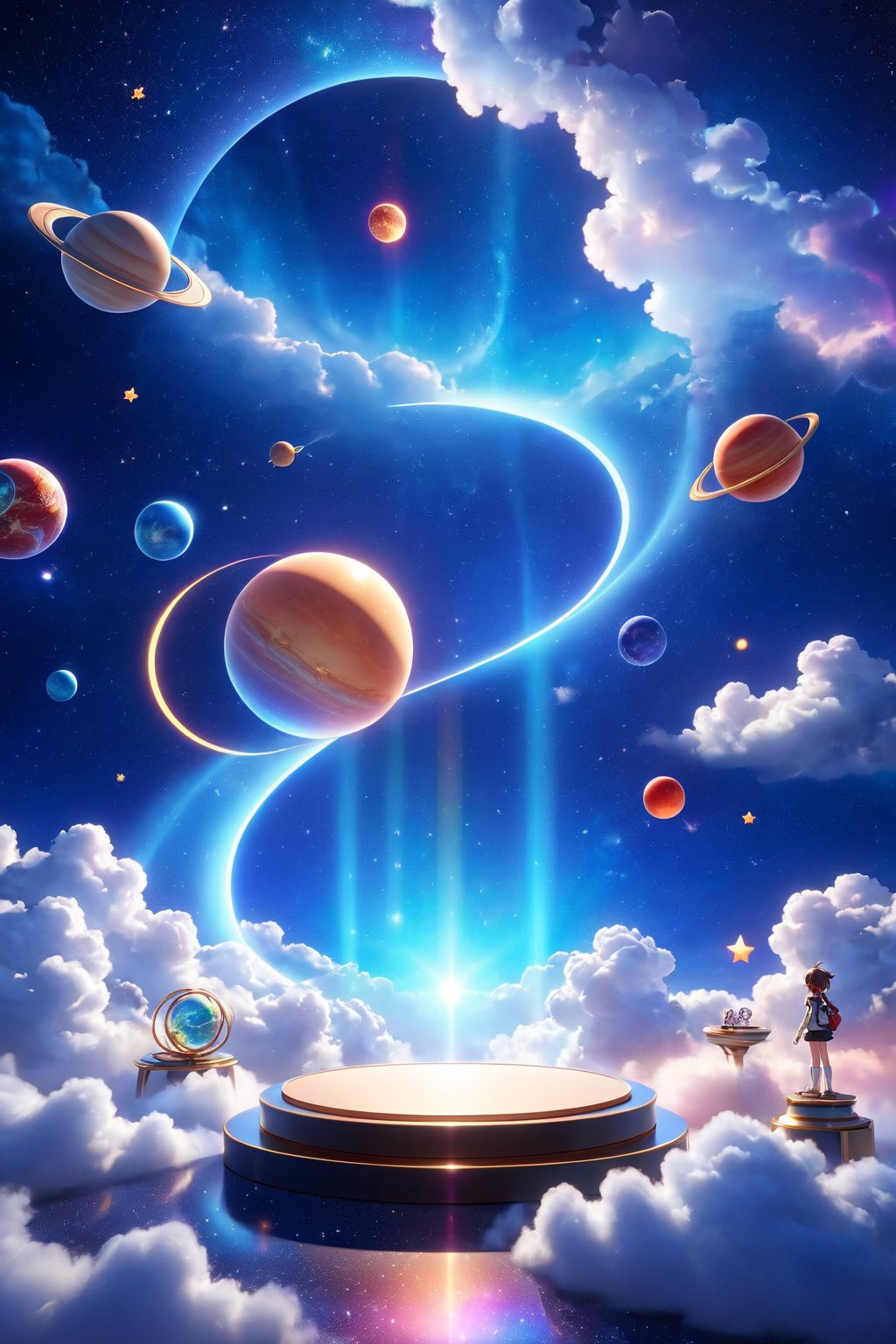 professional 3d model,anime artwork pixar,3d style,good shine,OC rendering,highly detailed,volumetric,dramatic lighting,3d\(hubgstyle)\,a round podium on the ground in the middle,clouds,starry sky,planets in the sky,glowing beam in the background,beautiful colorful background,very beautiful,masterpiece,best quality,super detail,anime style,key visual,vibrant,studio anime