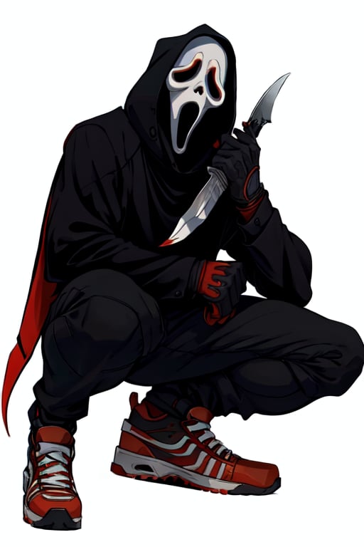 masterpiece,best quality,extreme detail,8k,white background,<lora:ghostface:0.8>,ghostface,solo,gloves,long sleeves,1boy,holding,full body,weapon,male focus,shoes,black gloves,pants,hood,holding weapon,mask,black pants,squatting,knife,red footwear,sneakers,hood up,robe,holding knife,black robe,