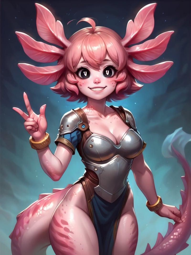 score_9, score_8_up, score_7_up, 1girl, very cute face, O:, monster girl, colored skin, pink skin, armor, warrior, iron chest, bracelet, short sleeves, solo focus, looking at viewer, sfw, evil smile, portrait, (dynamic pose:1), cute, medium breasts, thick thighs, sexy pose, scales, thick tail, bangs, axolotl girl, cartoon, bright pupils, black eyes, head focus, short hair,  <lora:AxolotlWorld_Concept:0.8> AxolotlWorldXLP  <lora:Realistic_2.5DAnime_Merge1:0.6>