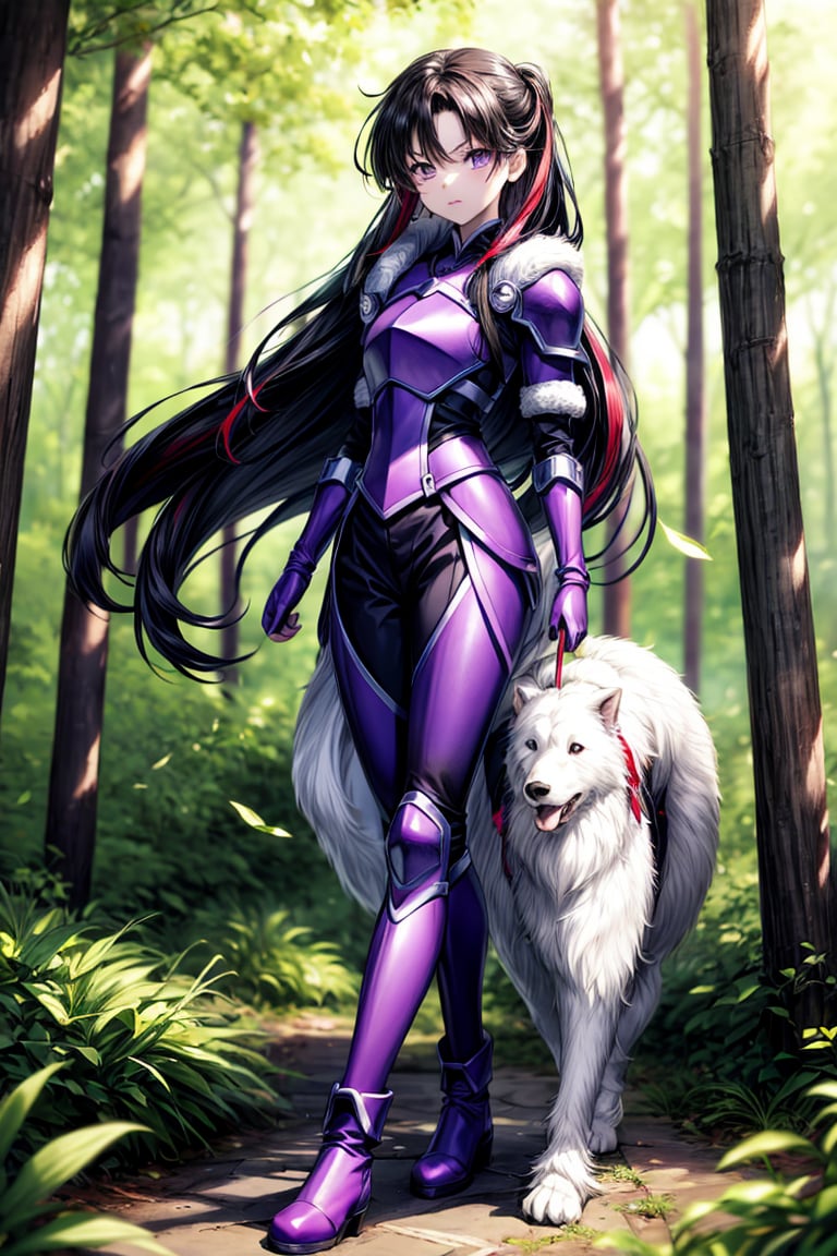 masterpiece,  best quality 1girl Setsun4 solo long hair forest background black hair very long hair standing purple eyes multicolored hair boots pantsarmor fur trim,  medium angle,<lora:EMS-179-EMS:0.800000>,<lora:EMS-293862-EMS:0.700000>