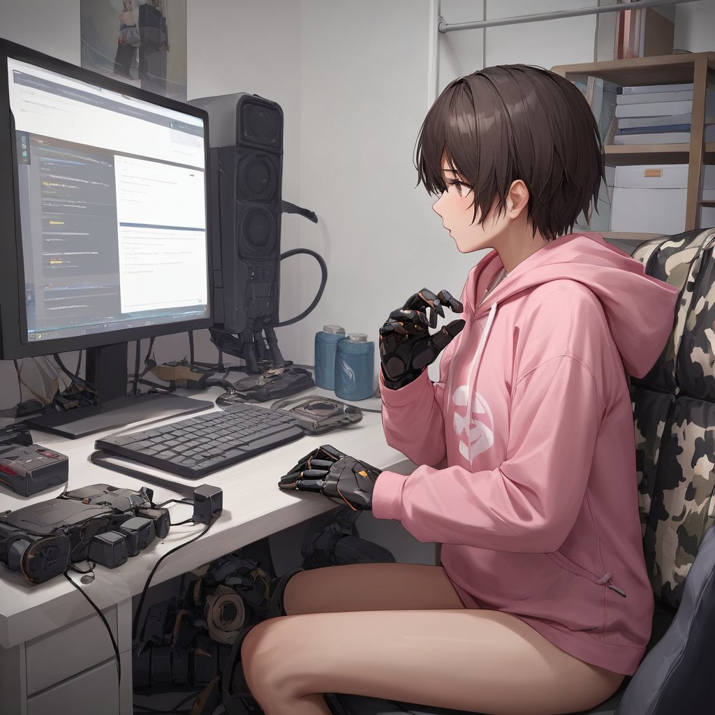 score_9, score_8_up, score_7_up,source_anime,BREAK,android, mechanical arms, short hair, pink hoodie, hood down, camouflage, drawstring, long sleeves, gloves, no pants, mechanical legs, indoors, computer,