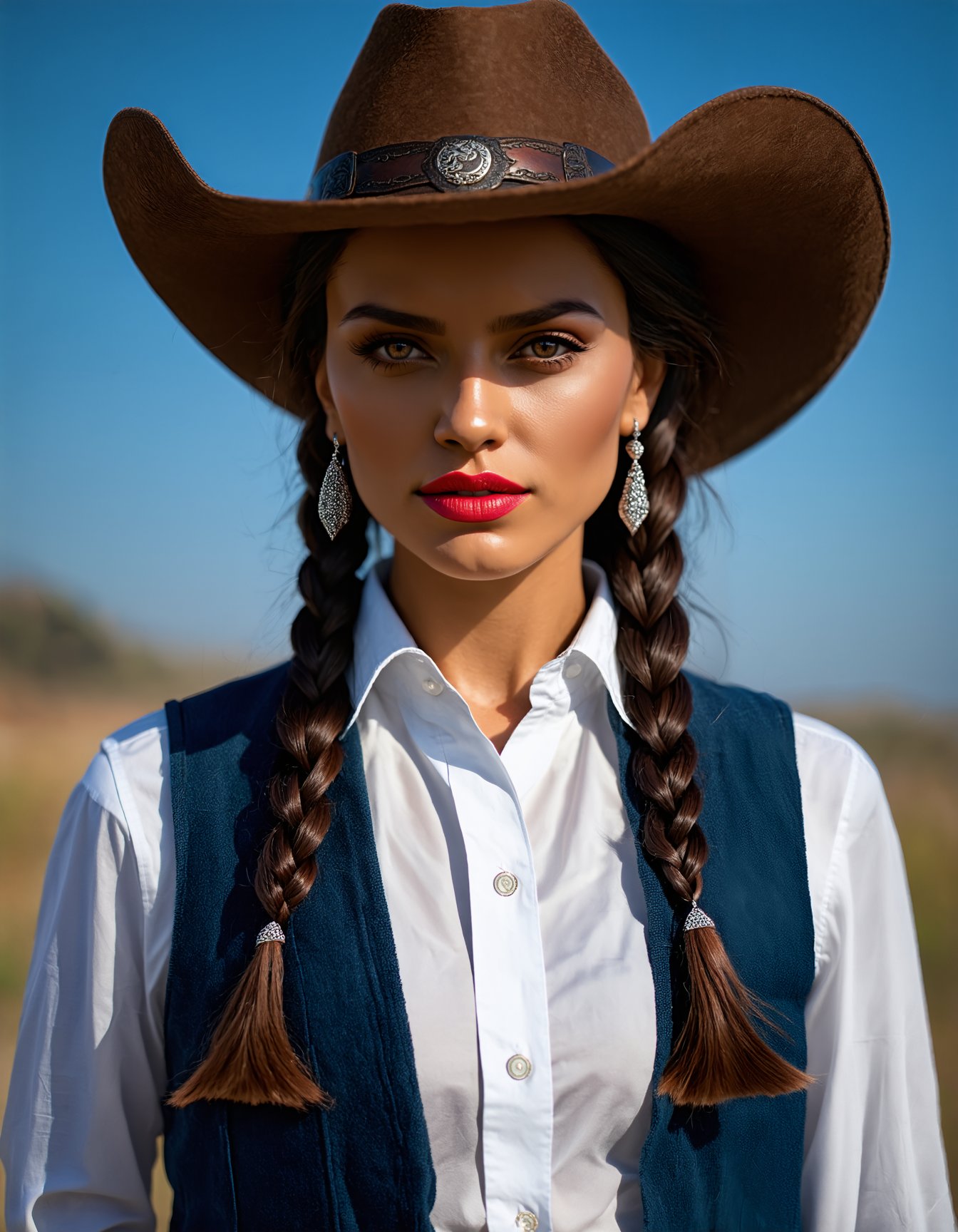 best quality,4k,8k,highres,masterpiece,ultra-detailed, woman, long hair, looking at viewer, shirt, black hair, hat, jewelry, brown eyes, white shirt, braid, earrings, collared shirt, vest, twin braids, lips, makeup, portrait, realistic, red lips, blue vest, cowboy hat, red moon, Ultimate Realism - High Detail Enhancement.safetensors