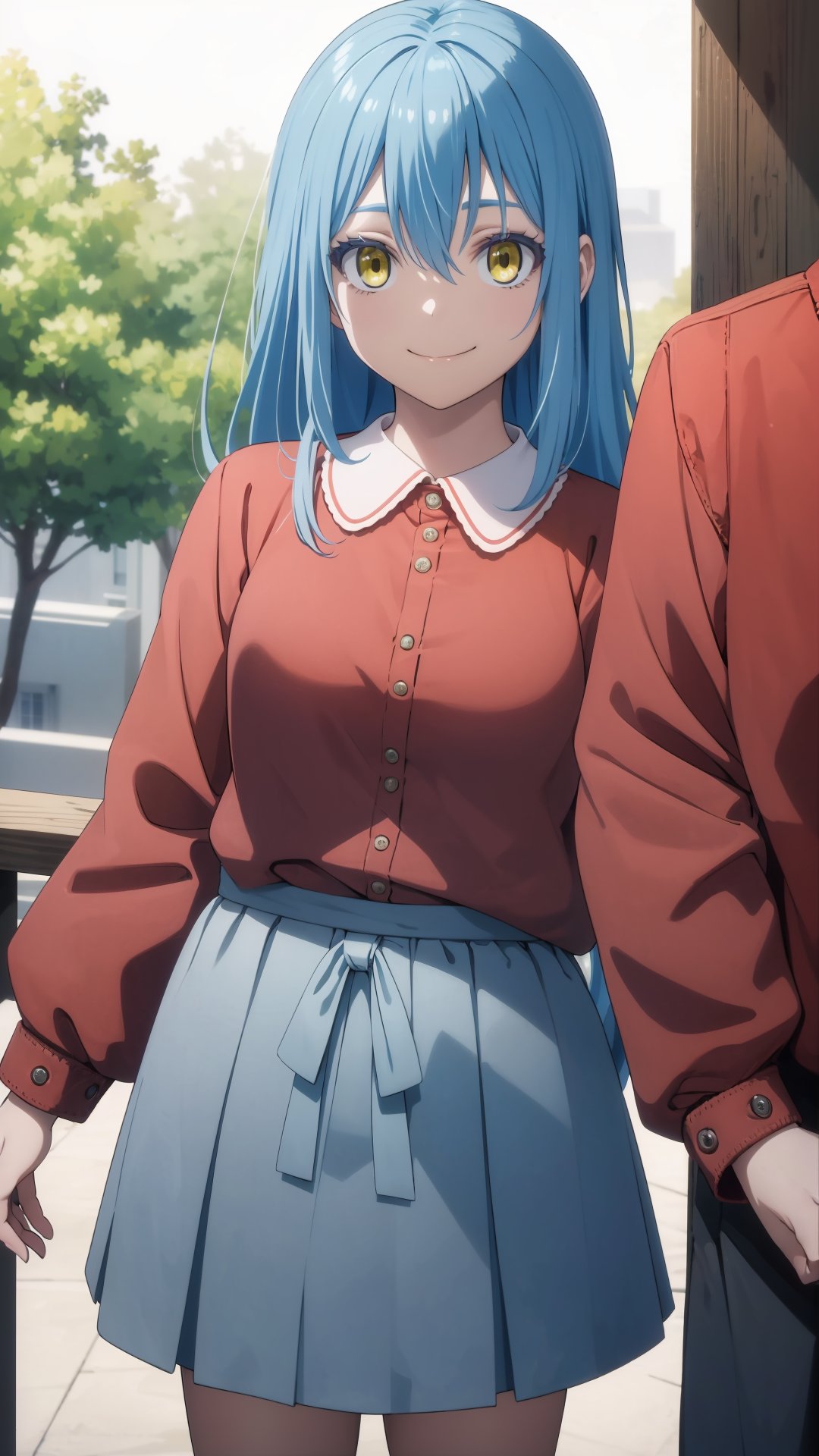 (masterpiece, best quality), ray tracing, absurdres, HDR,rimuru clothes, long hair, blue hair, yellow eyes, shirt, closed mouth, red shirt, 1girl, holding, rimuru tempest, skirt, bangs, pink shirt, smile, solo, hair between eyes, grey skirt, long sleeves, collared shirt, holding clothes, ,<lora:rimuru_clothes01:0.7>