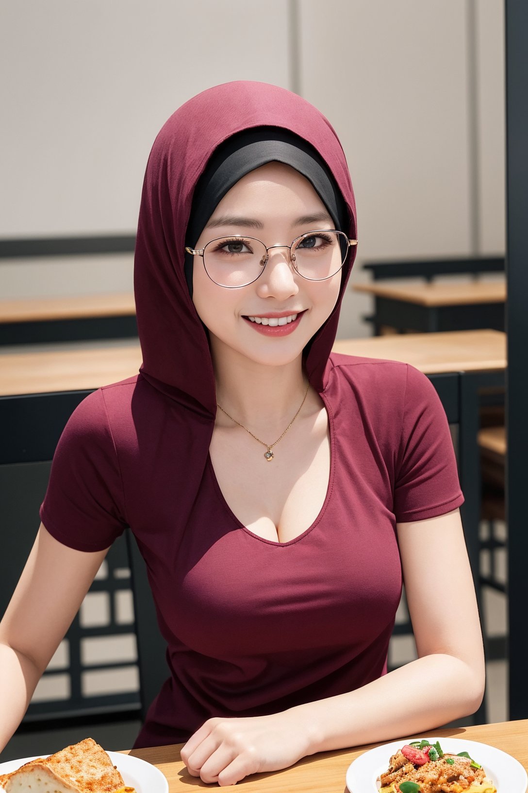 anime, 1girl, girl wearing hijab, (masterpiece,best quality,highres,high resolution:1.2),extremely detailed,realistic,intricate details,Mirabel,mexican,25 year old woman,petite,natural breasts,looking at camera,red tee shirt,cleavage,jeans,black glasses,smiling,sitting at table,food on table <lora:hijabergo:1>