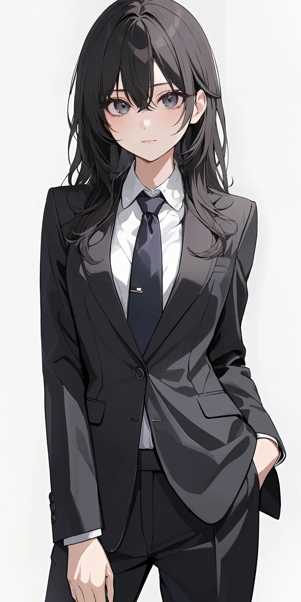 masterpiece,ultra-detailed,best quality,8K,illustration,cute face,clean skin ,shiny hair,girl,ultra-detailed-eyes,simple background, <lora:add-detail-xl:1>   <lora:suit pants_XL_V1.0:0.8> suit, necktie,pants