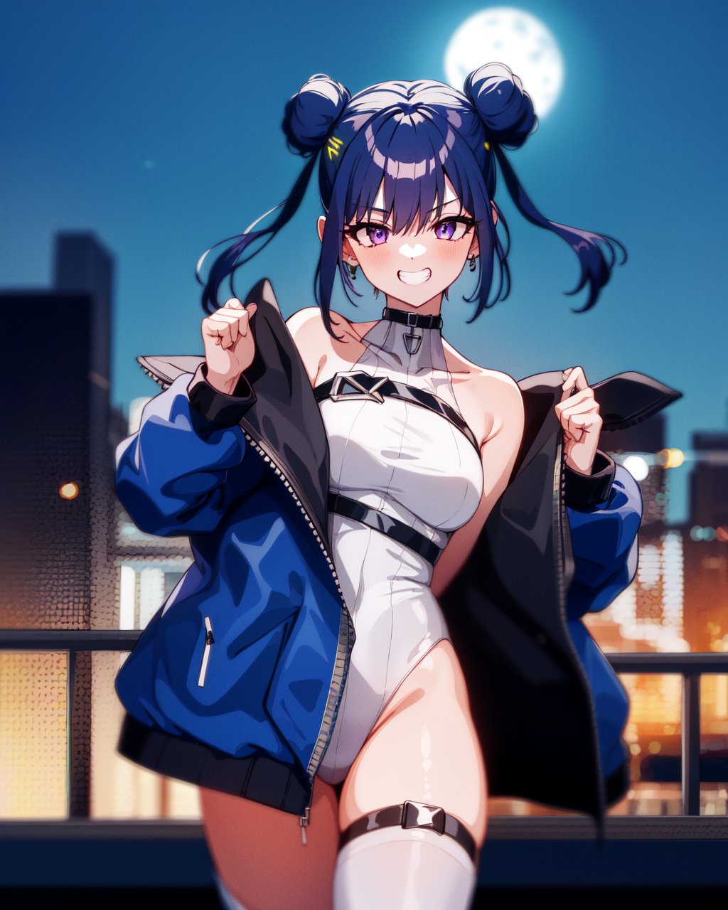 1girl, lillaslf1, blue hair, purple eyes, double bun, white leotard, black straps, oversized blue jacket, grin,outdoors, city, night sky, blue ambient lighting, cyberpunk, moon,<lora:lillav3:1>