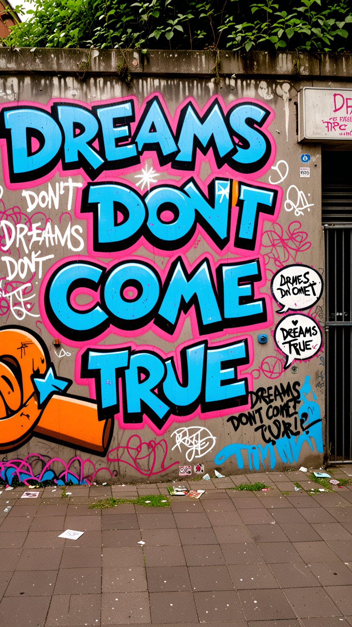 “Photo of a wall in the city. On the wall  we see detailed graffiti, the graffiti text reads "dreams don't come true".”