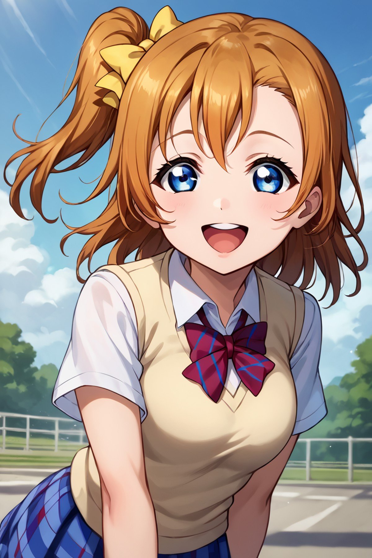 score_9, score_8_up, score_7_up, source_anime BREAK 1girl, solo, lovelive_honoka, school uniform, sweater vest, short sleeves, plaid skirt, one side up, yellow hair bow, red bowtie, medium hair, brown hair, blue eyes, looking at you, smile, open mouth, <lora:lovelive_honoka_2-000013:1>