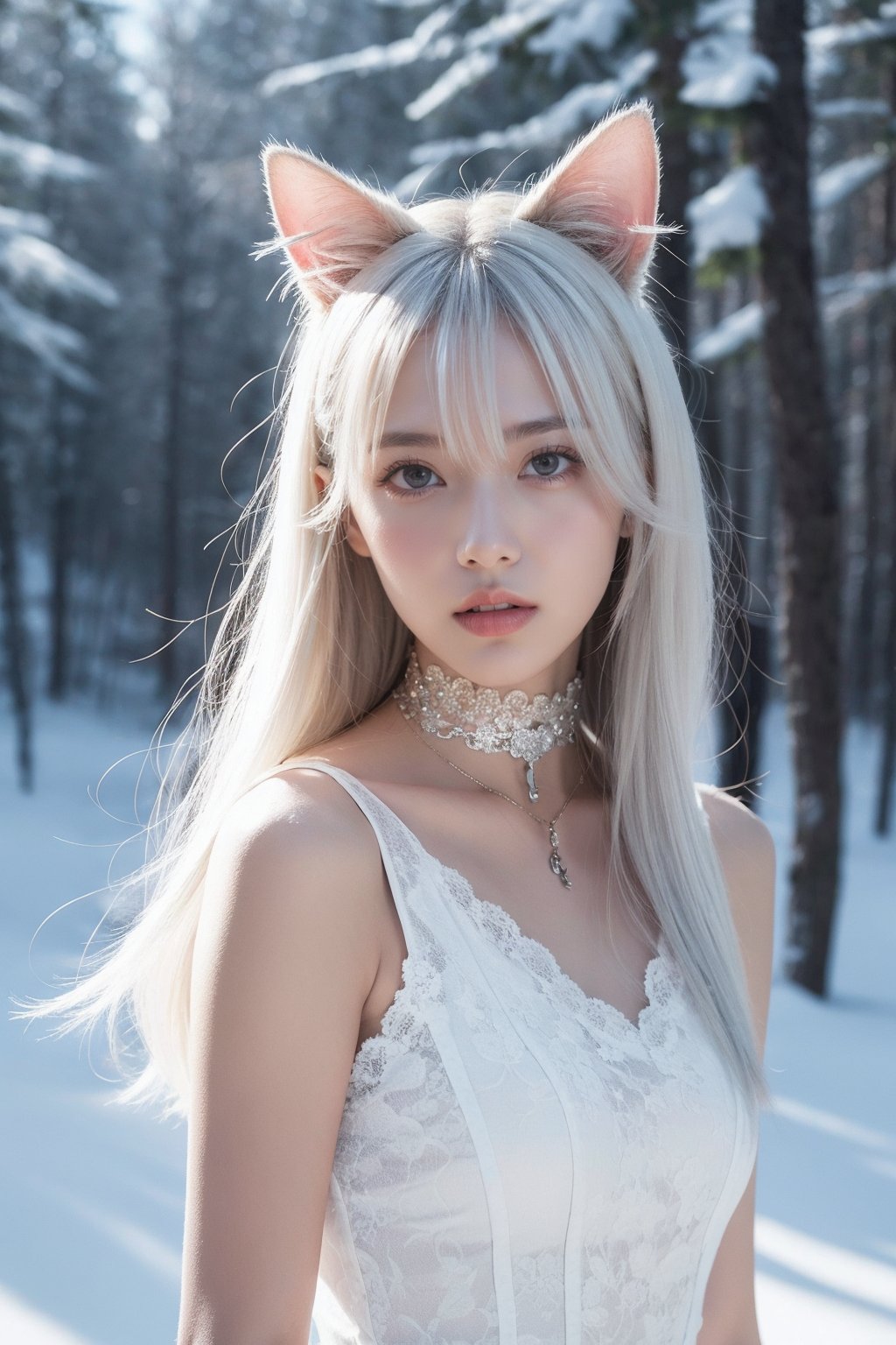 (realistic), (hyperrealism),best quality, masterpiece,ultra high res, (photorealistic:1.4),young girl,(looking at viewer),snowy forest, choker with bell, dynamic pose, cat's ears, (white hair,) long hair, upper body, long sleeveless white lace dress