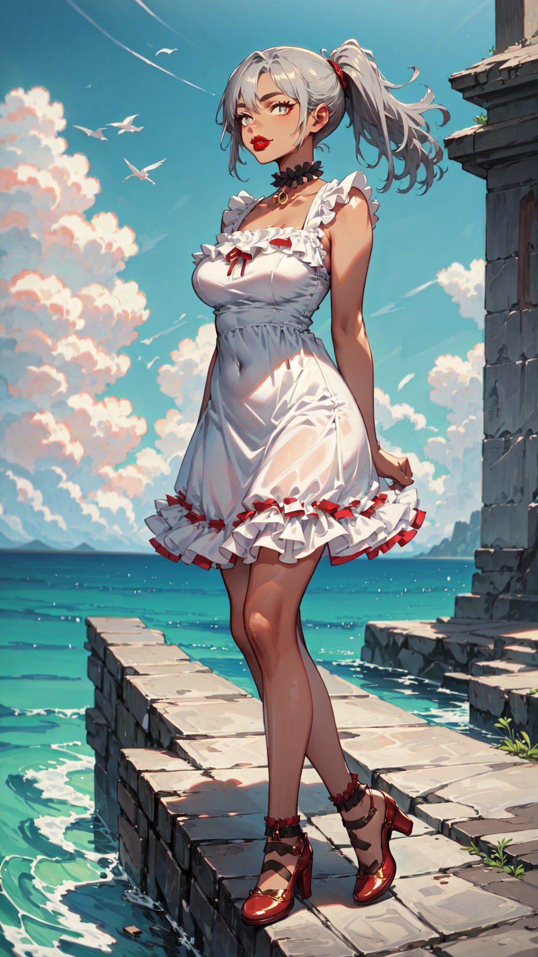 (masterpiece:1.1), hi-res, 4k, extremely delicate and beautiful art, pastel color, anime, beautiful detailed eyes, 1 anime girl, a girl sitting on the ground, lean back with arms behind back, knees up, wind, blue sky with clouds, bare midriff, (long hair:1.6), the water's edge, dutch angle, full body, dis, 1girl, gray hair, brown eyebrows,dark skin, yellow eyes,((big lips, red lipstick)), big breasts, skinny, tall, white dress,  <lora:dis:1> cute, (frilled dress, frilled choker, frills:1.4)  light smile, digital painting, vibrant colors, character design by Sakimichan, Saccstry, and WLOP, artstation, high resolution UHD, dynamic lighting, uhd, absurdres, dynamic lighting, dynamic pose, bright colors,