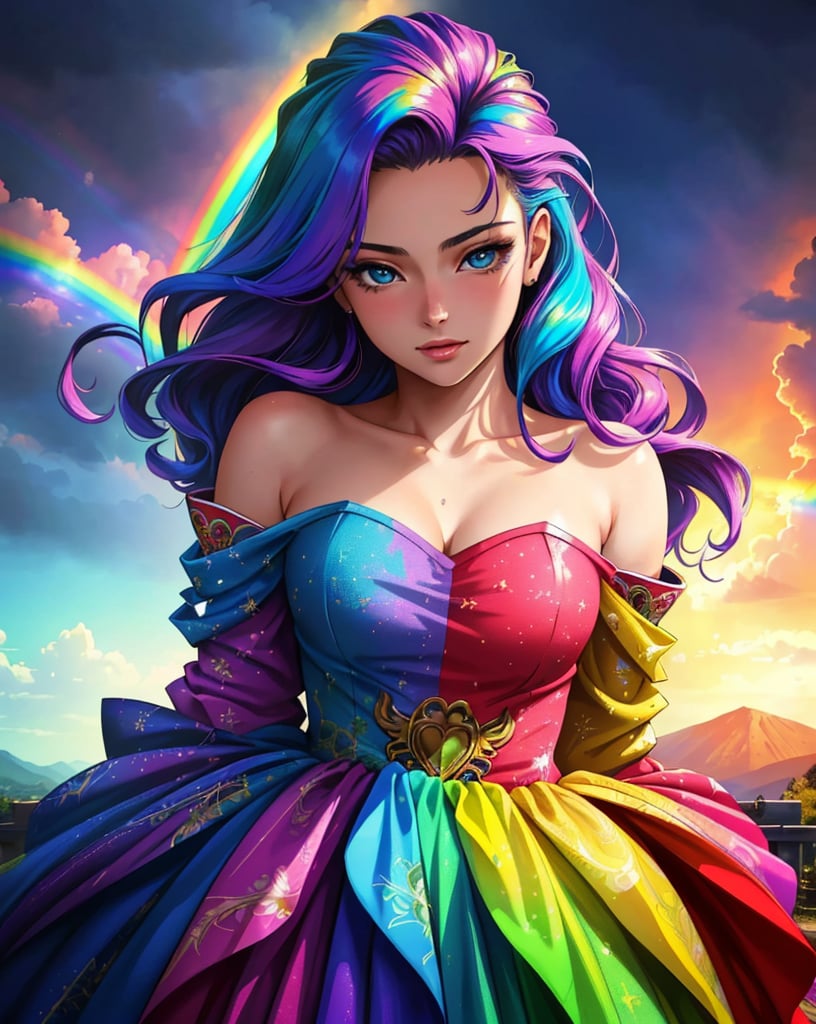 masterpiece, best quality, portrait of a 18yo woman ,  (vivid colors paint splashes rainbow theme:1.1) ,  color photo, cinematic, cinematic lighting, legenndary aged queen, anime, gorgeous 18-year-old woman, perfect eyes, graceful, landscape shot,  upper body, looking at viewer, standing, happy, enthusiastic