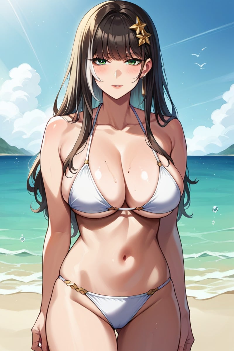 score_9, score_8_up, score_7_up, score_6_up, score_5_up, score_4_up, rating_questionable, , source_anime, digital illustration, pixiv, fanbox, uncensored, , BREAK, official art,1girl, 1boy, mature female, baizhi, long hair, green eyes, , black hair, white streaks, gold hair ornament,, bikini, beach, ocean,,cowboy shot, looking at viewer, colorful, vivid,,  <lora:Baizhi_Pony-10:0.9>