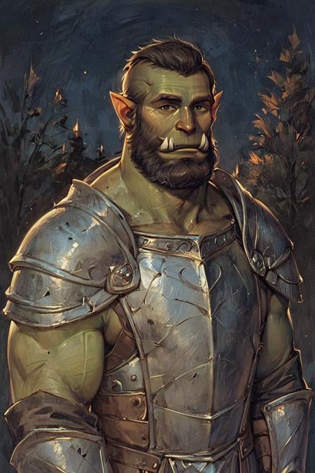 score_9, score_8_up, score_7_up, solo, male focus, mature male, orc, green skin, tusks, beard, outdoors, armor, looking at viewer, shoulder armor, breastplate, upper body, closed mouth, pauldrons, night, night sky, standing <lora:Gothic Art 2 Style SDXL_LoRA_Pony Diffusion V6 XL:1>