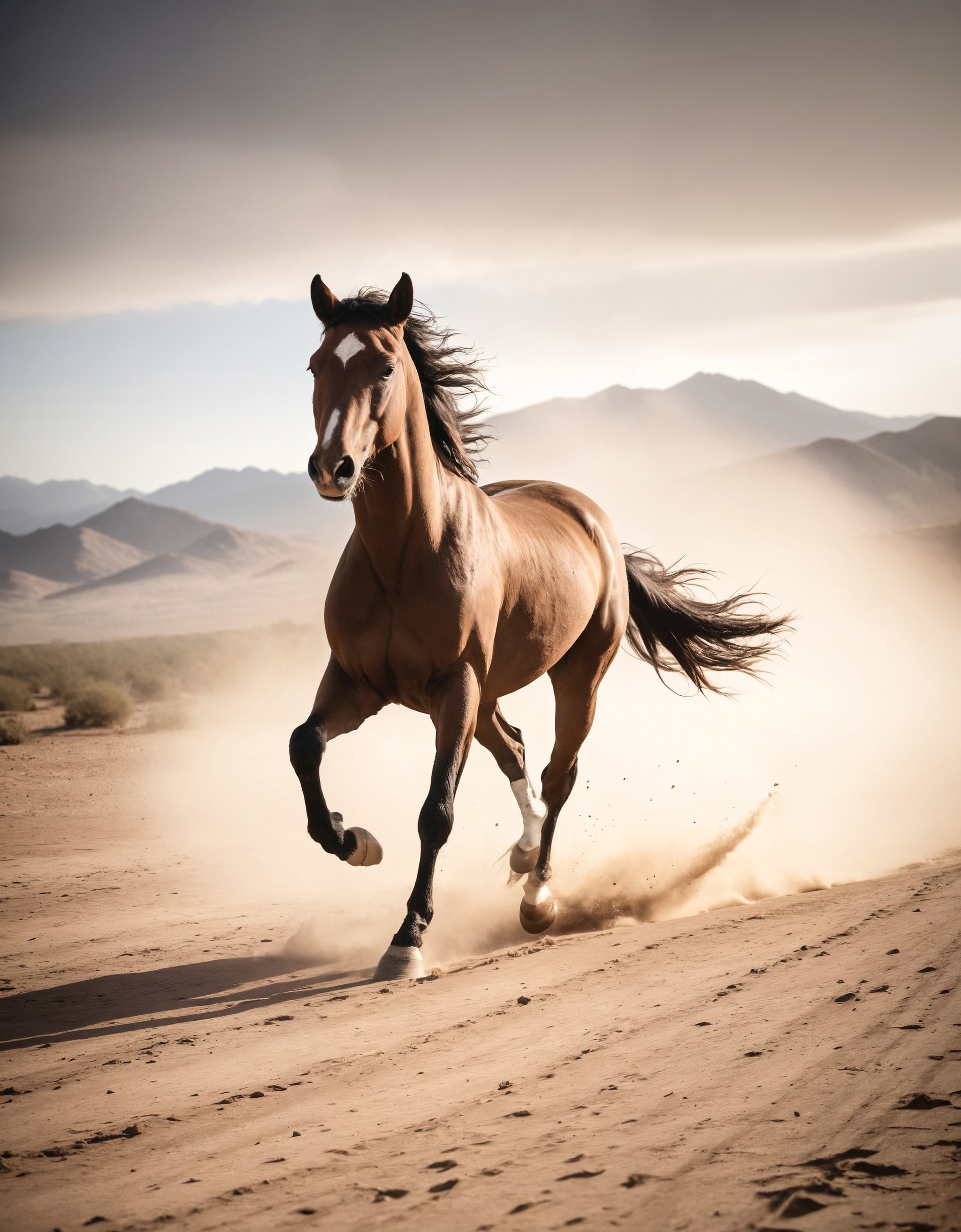 award winning shot of a horse running in the desert, zavy-dtchngl, atmospheric haze, dynamic lighting, cinematic still, movie screencap, portrait, dynamic pose, 100mm f/2.8 macro lens, close-up