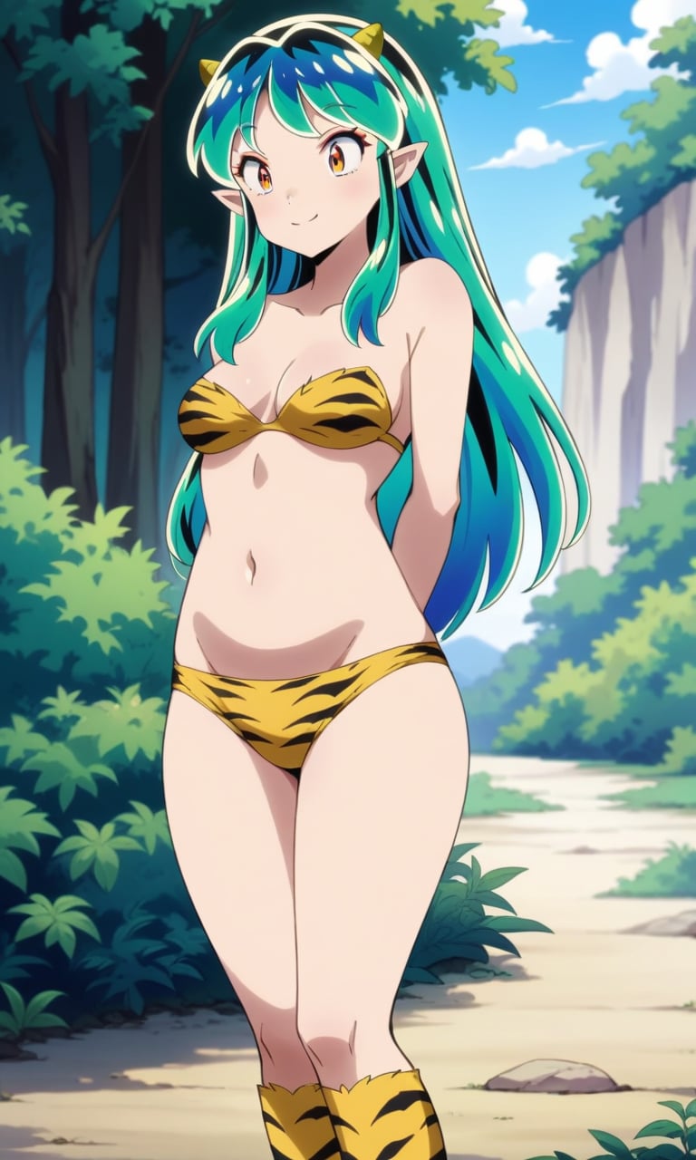 (masterpiece, highres, high quality, very aestethic, intricate details), 1girl, anime style, lumxl, lum, long hair,green hair, aqua hair, multicolored hair, oni, cone horns, pointy ears, animal print, tiger print, bikini, trapless bikini, navel, medium breasts, boots, orange eyes, yellow bikini, print bikini, standing, arms behind back, smile, light blush, outdoors, nature, cowboy shot<lora:EMS-343458-EMS:1.200000>