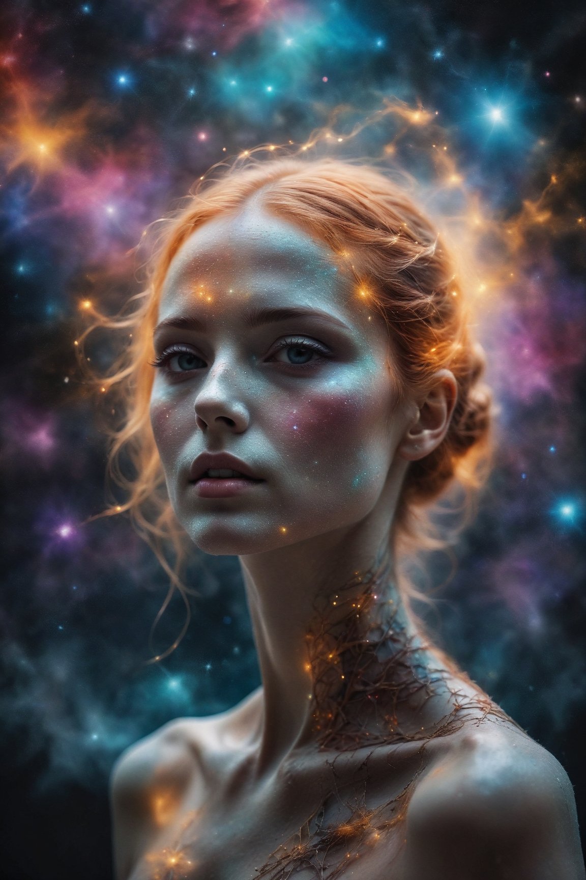 (best quality,8K,highres,masterpiece), ultra-detailed, featuring a woman with her face obscured by a grey square, set against a cosmic, star-filled background. The woman appears to be wearing or integrated with an intricate skeletal structure that is white and somewhat luminescent. The cosmic backdrop bathes the scene in a mesmerizing array of stars and galaxies, creating a sense of vastness and wonder. The obscured face adds an air of mystery and intrigue, inviting viewers to ponder the hidden depths of the character's identity. Meanwhile, the intricate skeletal structure adds a touch of ethereal beauty and symbolism, hinting at themes of mortality, transformation, and the interconnectedness of all things. This artwork is a captivating exploration of the human form amidst the cosmic expanse, blending elements of mystery, beauty, and cosmic wonder.