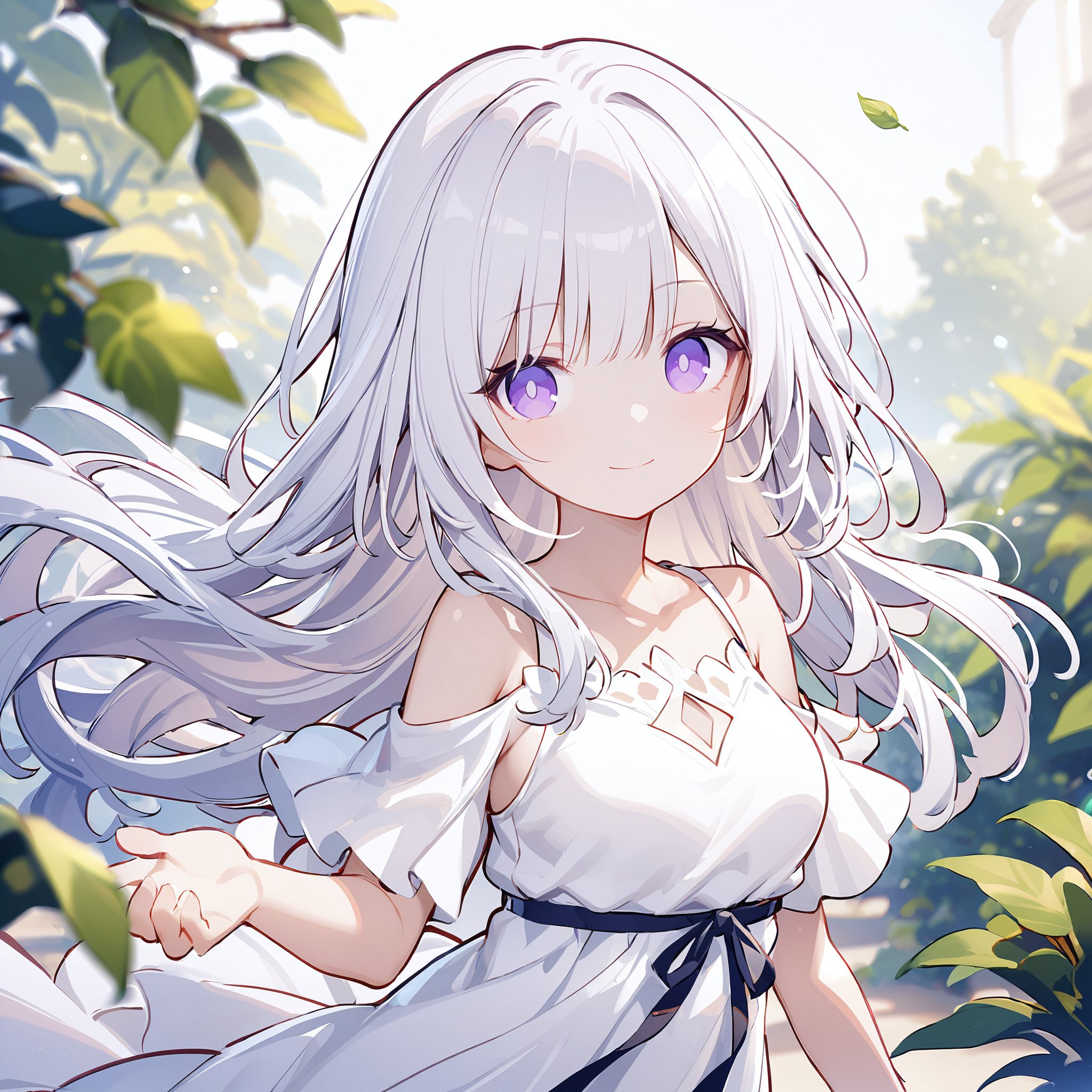 solo, 1girl, dress, long hair, purple eyes, white dress, smile, looking at viewer, collarbone, shoulder cutout, closed mouth, breasts, white hair, leaf, clothing cutout, bare shoulders, blurry, outdoors, short sleeves