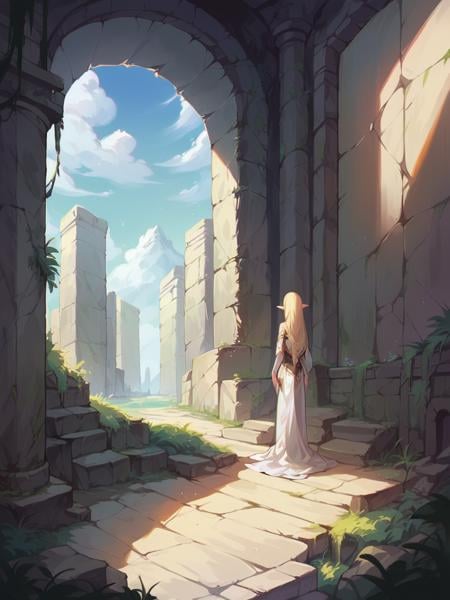 score_9, score_8_up, score_7_up, score_6_up, 1girl, elf, long hair, <lora:d3c4yXLP:0.5> d3c4y, scenery, ruins, overgrown, sunlight, indoors