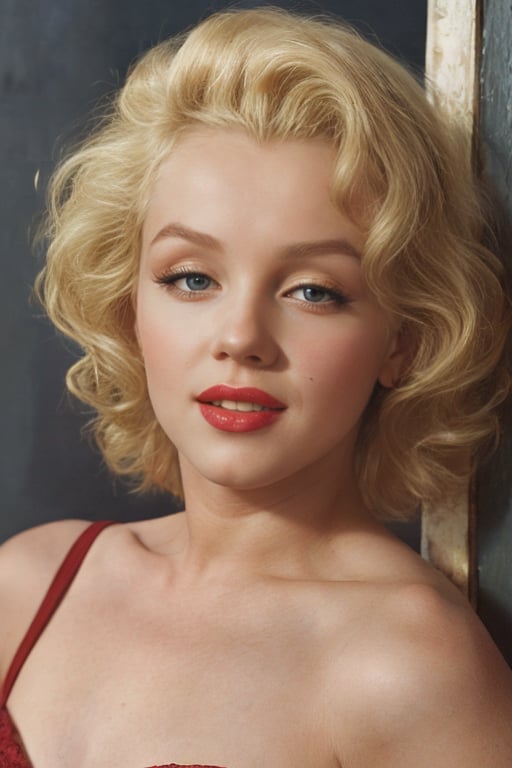 (masterpiece,best quality:1.2), high detailed,realistic,a portrait of marilyn monroe with blonde hair, blue eyes, a mole on cheek, lipstick and a very sexy look, sfw<lora:MarilynMonroeSD_v3.0:1>