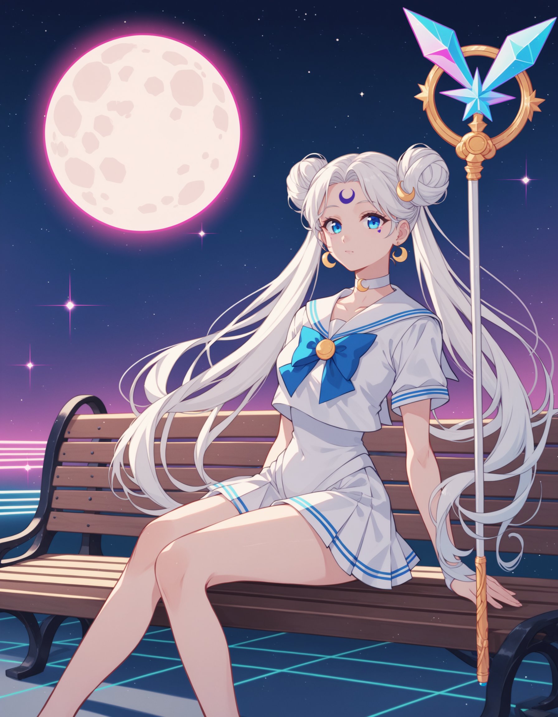 mature female, 1girl, solo, choker, sailor senshi uniform, jewelry, double bun, long hair, white choker, sailor collar, blue eyes, hair bun, twintails, magical girl, white sailor collar, moon, earrings, full moon, facial mark, hair ornament, staff, white hair, forehead mark, sitting, bench, crystal, crescent, outdoors, galaxy, DskOtrn_PnyXL