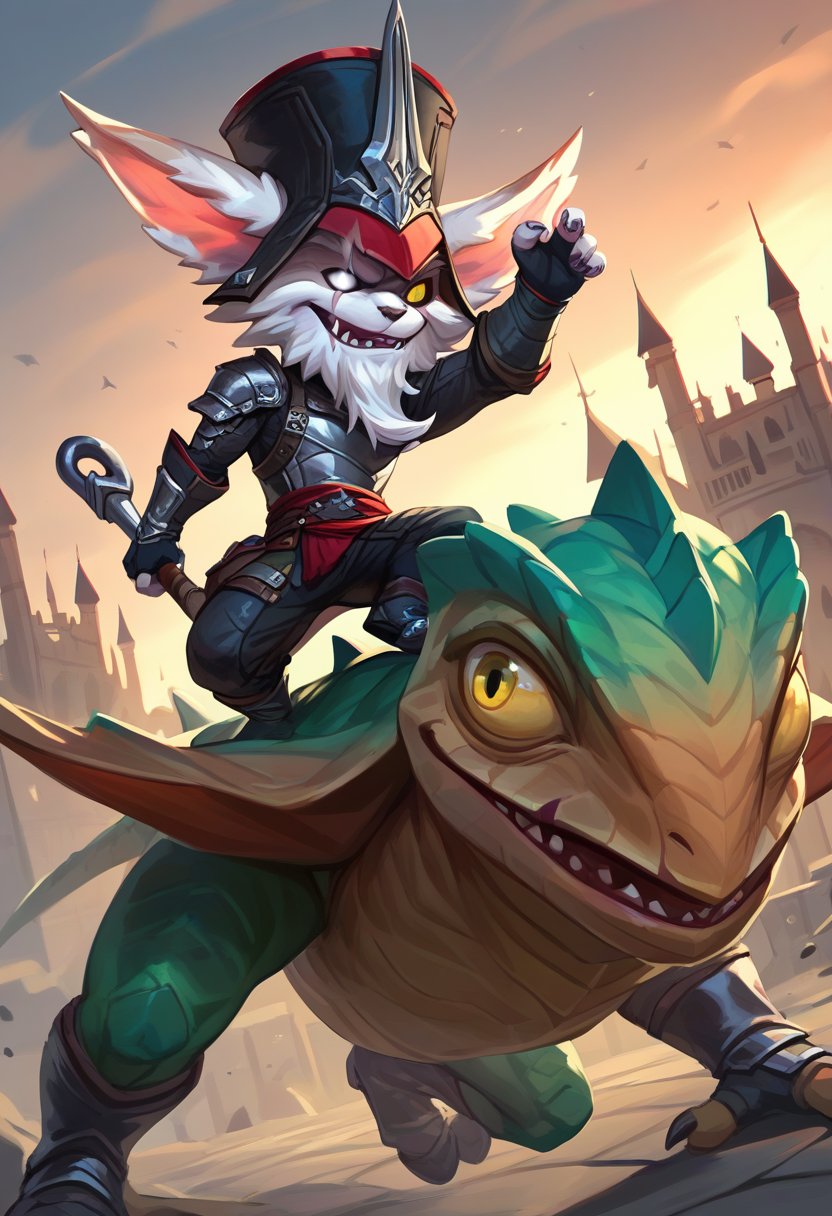 score_9, score_8_up, score_7_up, score_6_up, kl3d, 1boy, yordle, male focus, yellow eyes, white eye,scar across eye, one-eyed, facial hair, beard,  hat, black headwear, ears through headwear, armor, gloves, fingerless gloves, pants, boots , <lora:Kled_Default_v1:0.7>, castle,animal, lizard, skaarl, riding