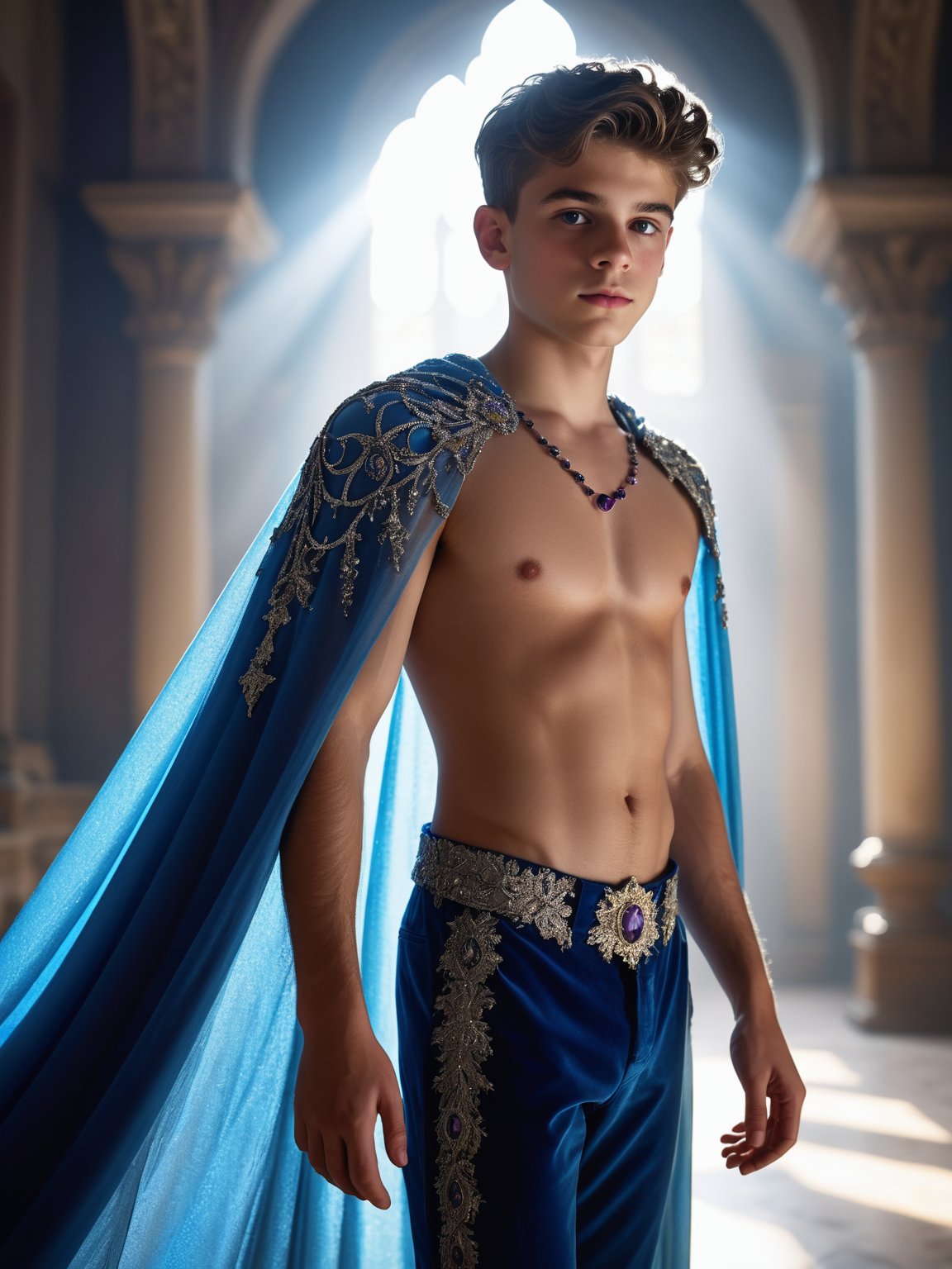 (1boy), Raw photo, Cinematic still frame, full body, POV, from below, low angle shot, cute 18-year-old twink, (shirtless:1.0) with an open, elaborate royal cape embellished with silver thread and amethyst gemstones, majestic blue trousers with silver filigree, cinematography, small waist, vignette, shallow depth of field, high resolution, clean shaven and smooth everywhere, high ornate fashion, detailed time period background, (silhouette), (shadows), skin imperfections, hyper detailed photorealistic life-like accurate proportional sharp focus, (accurate cinematic lighting), photorealistic detail, (selective focus:0.6), mist in the air, rays of light, light refractionBREAKphotography studio background, cinematic lighting