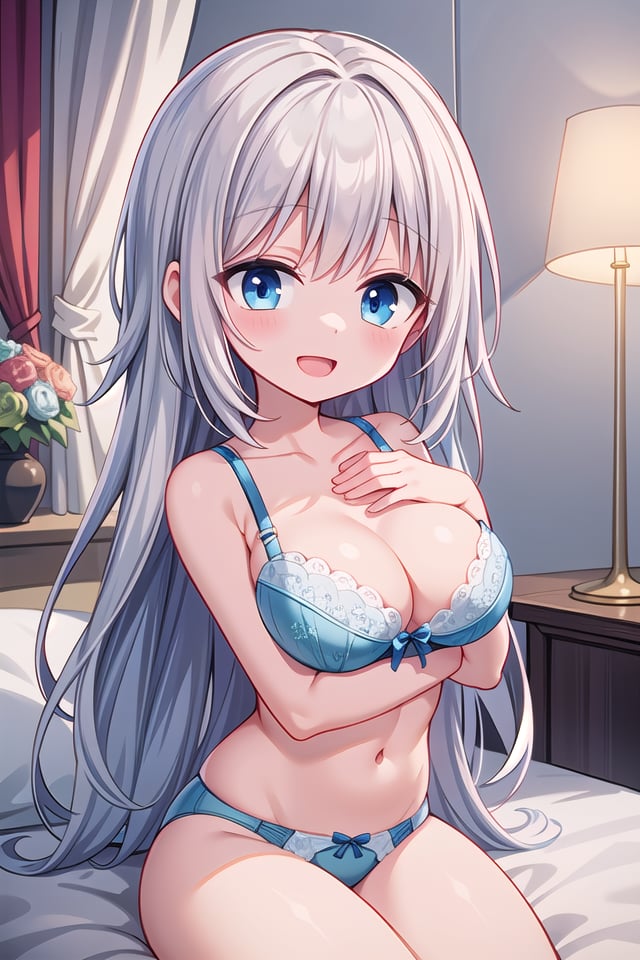 insanely detailed, absurdres, ultra-highres, ultra-detailed, best quality,(wearing pastel colored bra , wearing pastel colored panties :1.3),1 girl, solo, happy smile, laugh, open mouth,(sitting on bed), seductive pose, cowboy shot, looking at viewer,slender, kawaii, perfect symmetrical face, ultra cute girl, ultra cute face, ultra detailed eyes, ultra detailed hair, ultra cute, ultra beautiful,by Canon EOS, SIGMA Art Lens 35mm F1.4, ISO 200 Shutter Speed 2000,elegant hotel room, closed curtains, antique interior, ultra detailed background,cinematic light, indirect lighting, evening light, depth of field,medium large breasts, ,(white long hair, blue eyes),