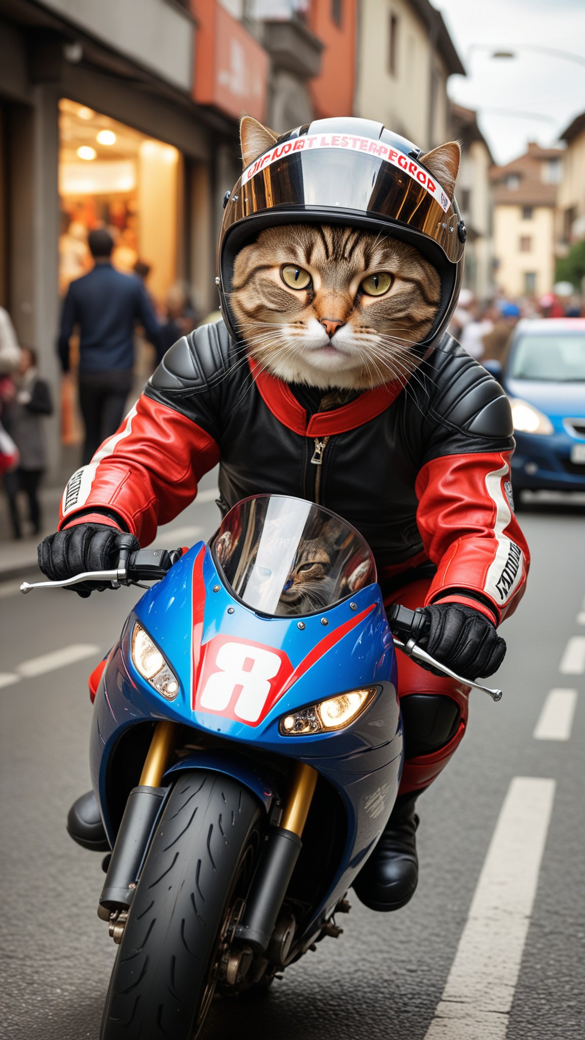 Giant cat riding a motorbike, racing  through a busy street, The cat is wearing racing leathers and a open visor helmet, (masterpiece, award winning photography), many details, extremely detailed, full of details, Wide range of colors, high Dynamic, UHD