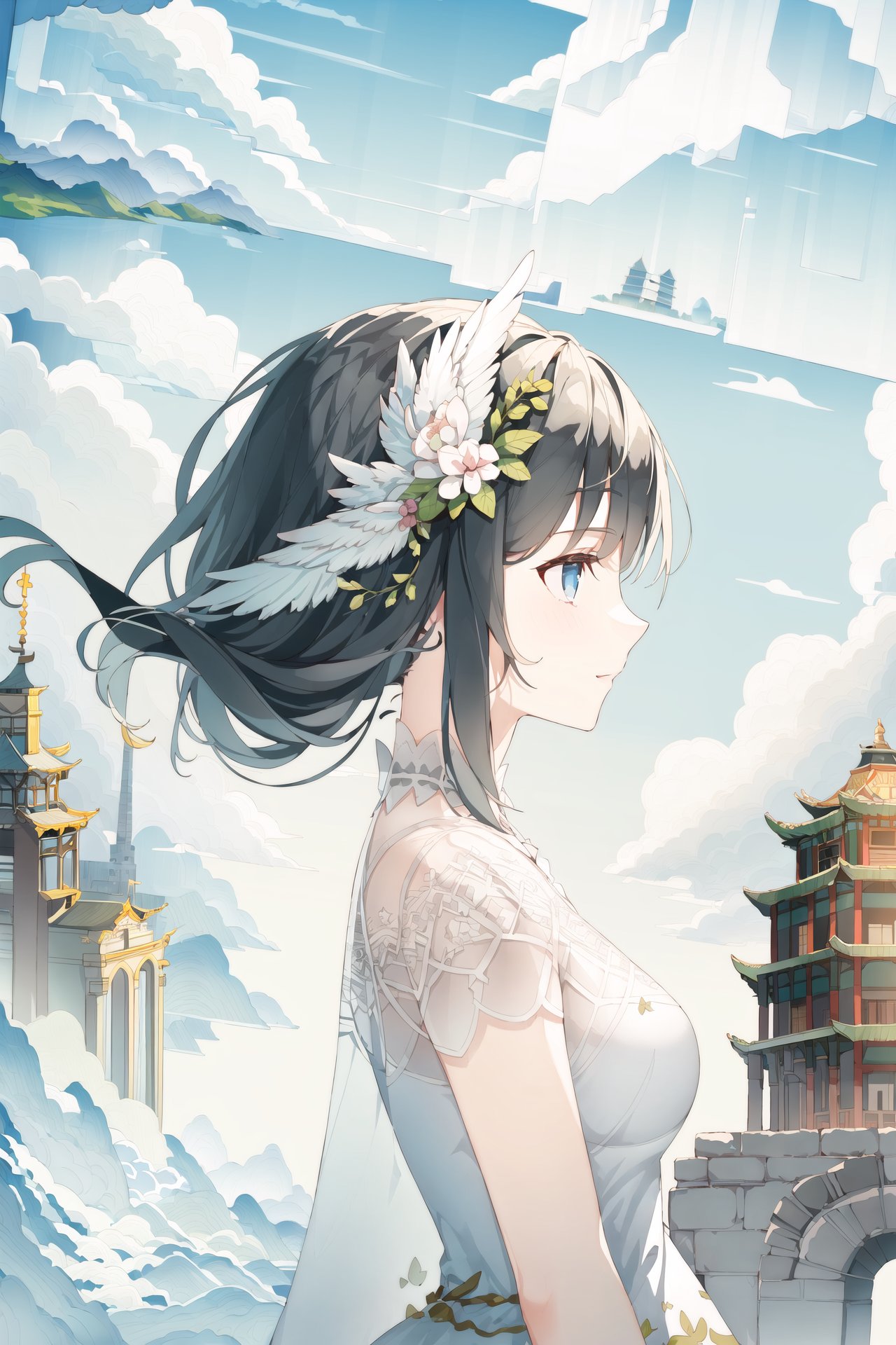 (1girl,(upper body),(double exposure of ancient sky city and cloud:1.25),multiple exposure,highly detailed,by wlop),from side,//,1girl in a white dress made of cloudy wind,white wings,fantastic wind,flowing cloud,cloud sea,