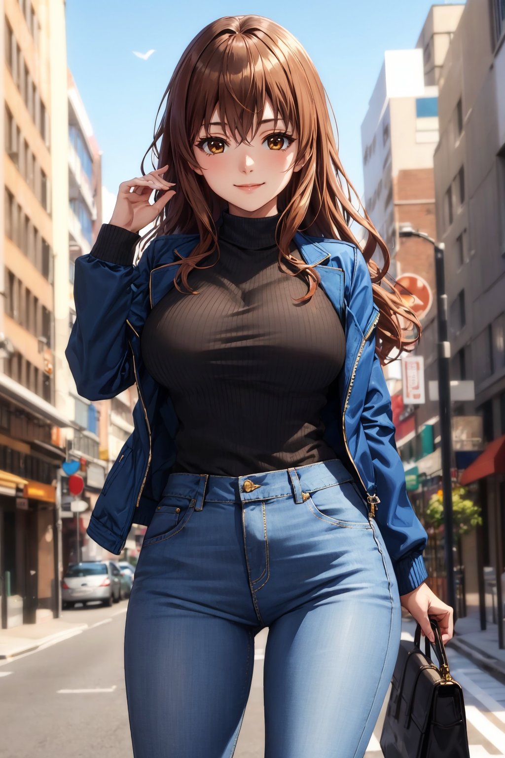 masterpiece, best quality, 1girl, <lora:mugenkurumi-nvwls-v1-000009:0.9> mugenkurumi, blue jacket, black sweater, jeans, thighs, large breasts, city street, smile