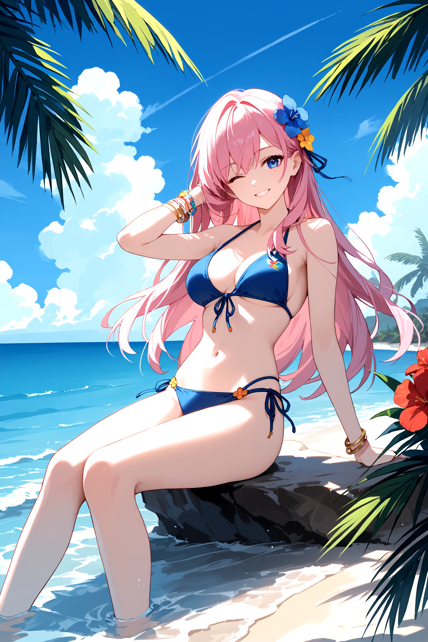 1girl, beach, bikini, bracelet, cloud, cloudy sky, flower, hair flower, hair ornament, hand in own hair, jewelry, leaning back, long hair, looking at viewer, one eye closed, palm tree, pink hair, sitting, sky, smile, solo, string bikini, swimsuit, tree, waist, water, blue eyes, score_9_up, score_8_up, masterpiece, best quality