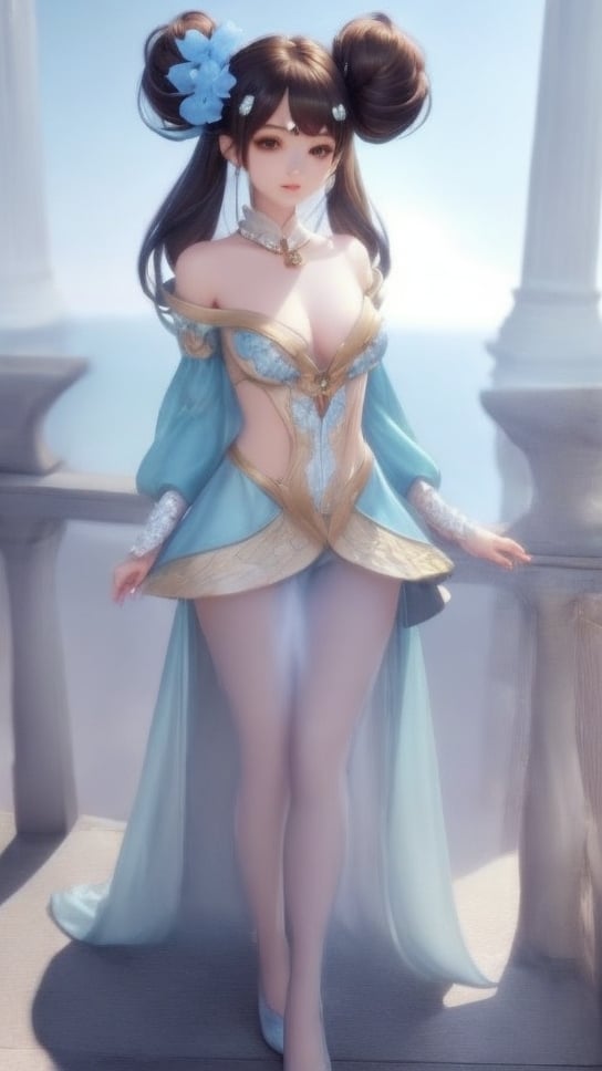 (1girl),smooth chin,masterpiece,detailed face,((hair ornament)),top quality,4k,make up,best quality,medium breasts,(looking at viewer),long legs,double bun,jewelry hair,dress,detached sleeves,ribbon,shawl,light blue skirt,puffy pants,hair rings,hair flower,(wariza),(arms behind back),bangs,jewelry on bangs,<lora:王者 小乔 青蛇SD_v1.0:0.6>,