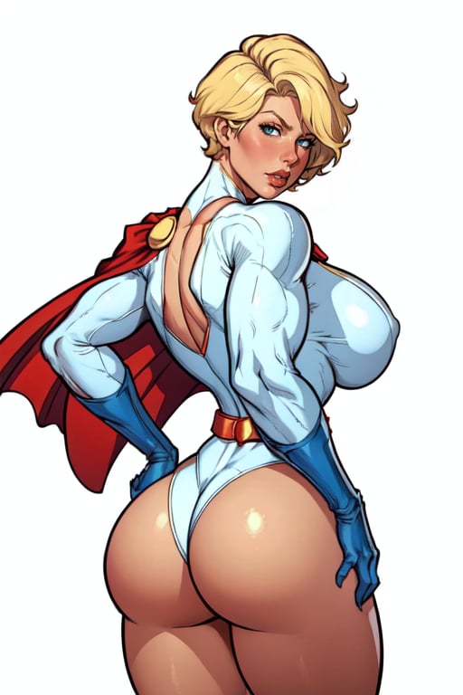 masterpiece,best quality,extreme detail,8k,(white background),<lora:powergirl-10:0.6>,powergirl2,1girl,solo,breasts,looking at viewer,short hair,blonde hair,large breasts,gloves,ass,pantyhose,thighs,looking back,cape,leotard,lips,hand on hip,bodysuit,hands on hips,red cape,superhero,