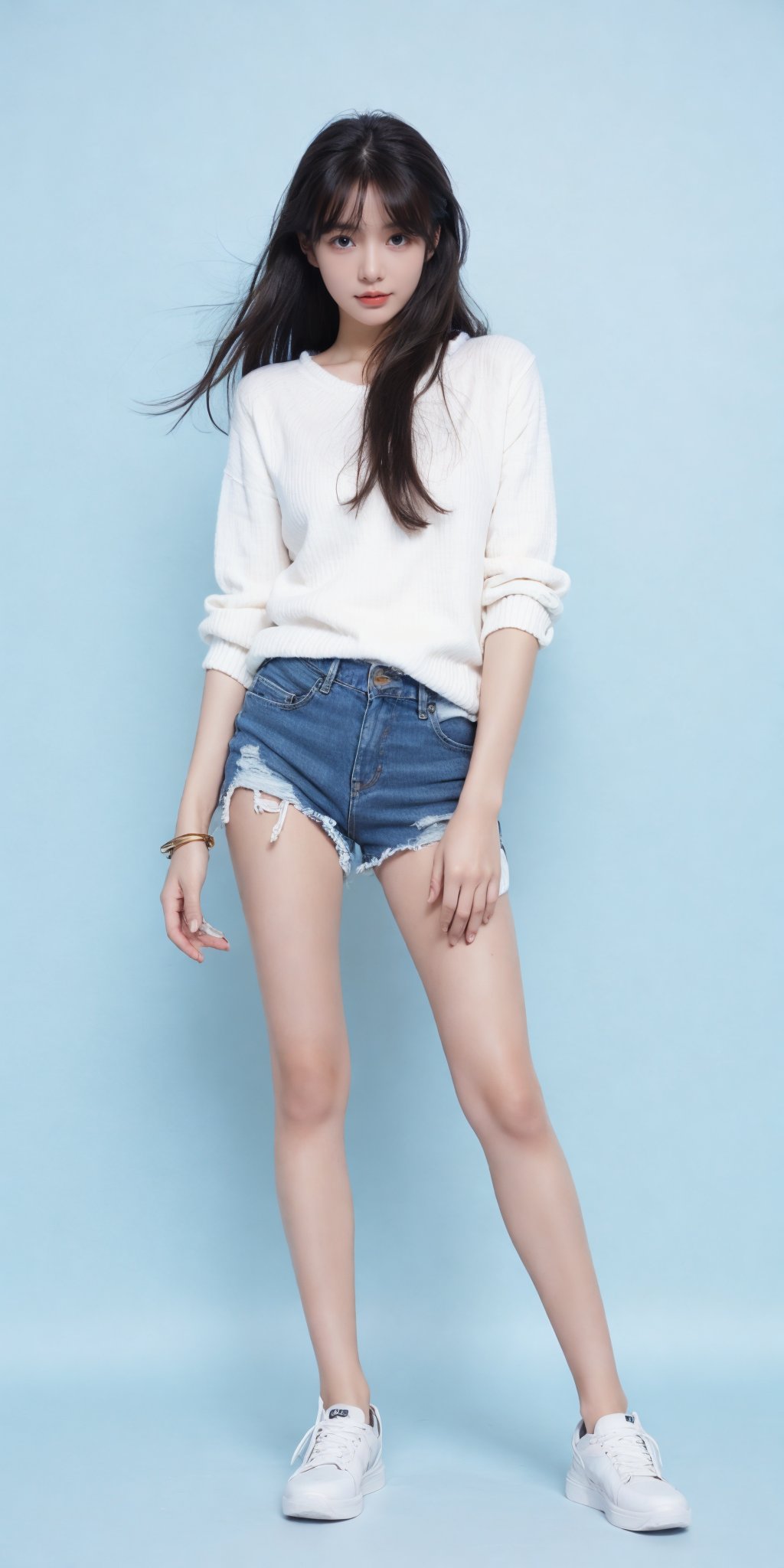 1girl,(standing:1.3),(denim_shorts:1.2),(blue background:1.3),(white sweater:1.2),white sneaker,long hair,