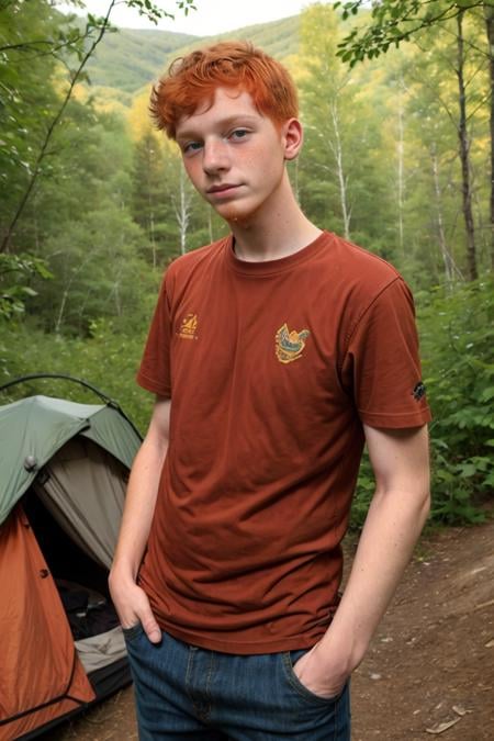 Candid photo of a (timid slim twink Appalachian 18yo dg_Finn boy brother:1.1), full body dark red hair, (ginger facial stubble:1.3), t-shirt, detailed, outdoors,  <lora:dg_Finn_v1:0.8>