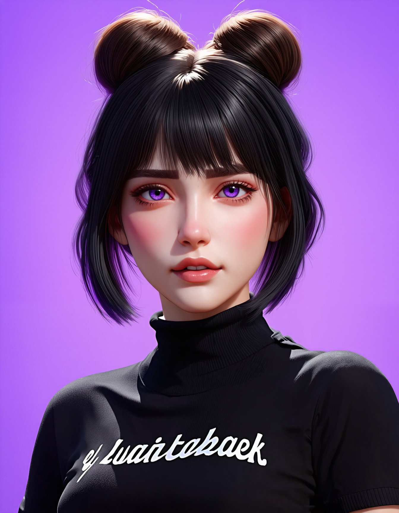 (best quality,8K,highres,masterpiece), ultra-detailed, photorealistic, woman, looking at viewer, bangs, shirt, black hair, purple eyes, upper body, purple hair, short sleeves, multicolored hair, hair bun, black shirt, double bun, turtleneck, expressionless, clothes writing, purple background, Ultimate Realism - High Detail Enhancement.safetensors