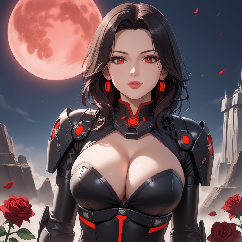 (,1girl, ,best quality, ),,  ,,ultra realistic 8k cg,, ,masterpiece, (( , )),, ,science fiction,mole, ,    ,red moon, black rose,     (cleavage),,  (),