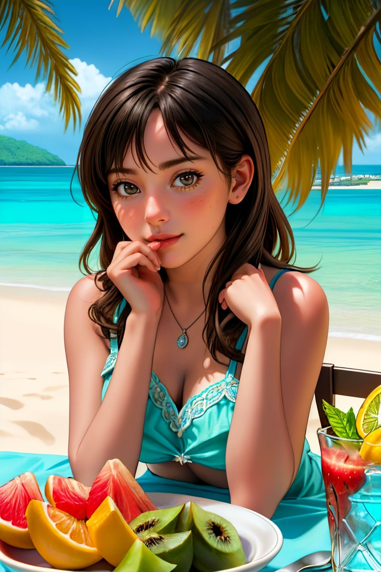 best ratio four finger and one thumb, young european woman sitting on the beach of a tropical island eating tropical fruit, hyperrealism, high detailed skin, highly detailed background, 8k uhd, dslr, soft lighting, high quality, film grain, Fujifilm XT3, HD, Sharp, OverallDetail