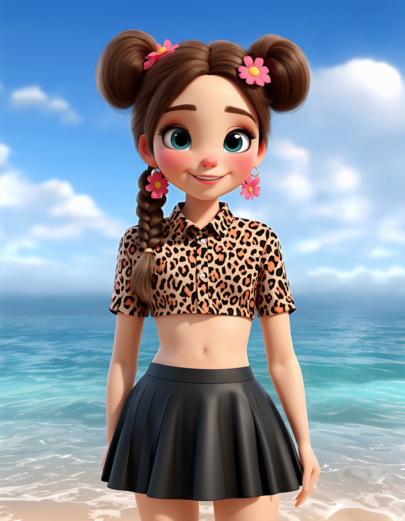 3D cartoon, cartoon style, 3D render, 1girl, long hair, looking at viewer, blush, smile, shirt, skirt, brown hair, black hair, closed mouth, jewelry, upper body, braid, flower, short sleeves, outdoors, earrings, sky, day, cloud, black skirt, hair bun, water, black eyes, blue sky, twin braids, eyelashes, double bun, ocean, beach, animal print, child, horizon, straight-on, print shirt, flower earrings, SD3_cartoon_ep10.safetensors