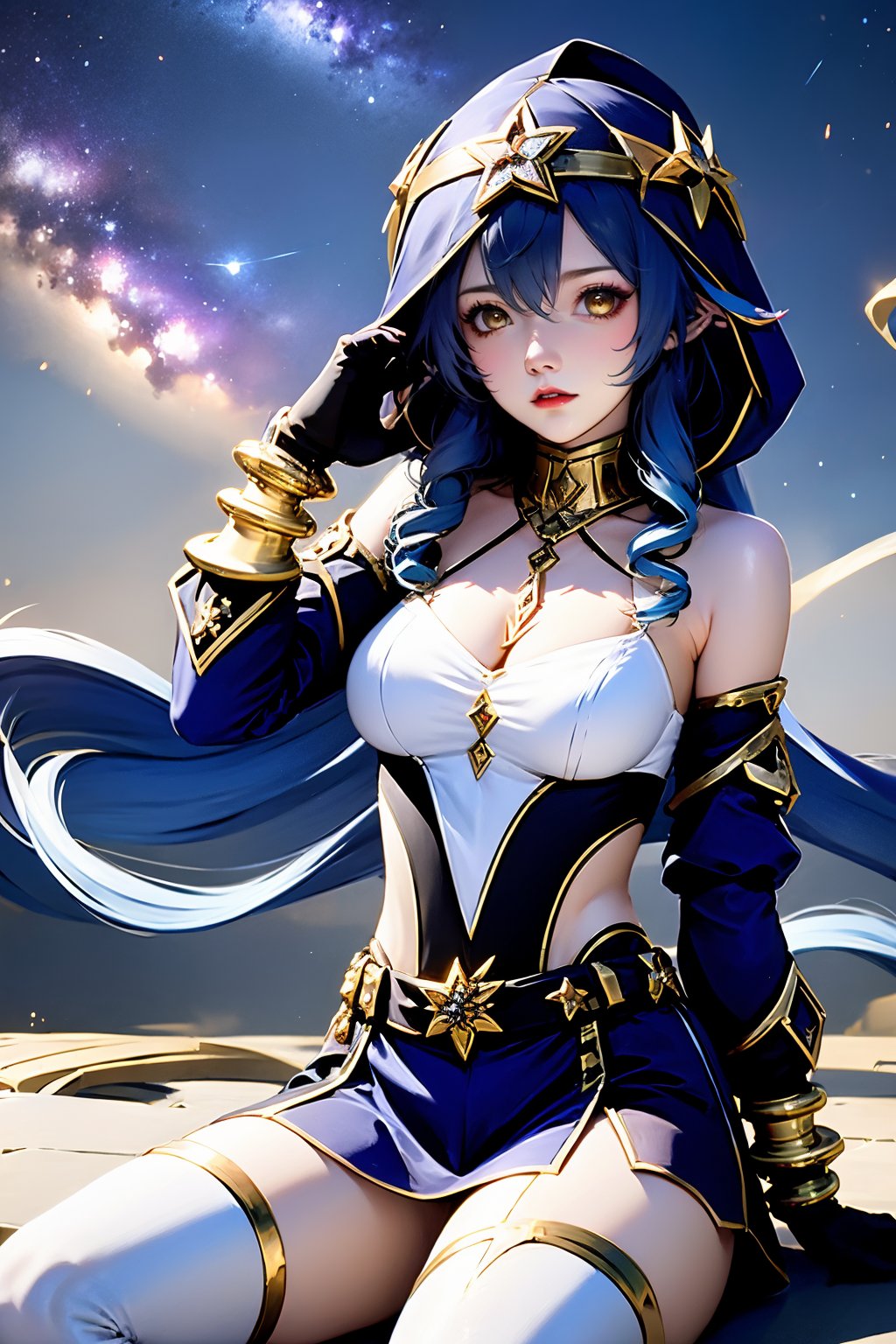 1girl, solo, layla \(genshin impact\), claw ring, breasts, gloves, long hair, blue hair, black gloves, pointy ears, blue hood, looking at viewer, sidelocks, sitting, thighlet, bare shoulders, yellow eyes, hair between eyes, detached sleeves, jewelry, very long hair, hood, drill hair, sky, parted lips, drill sidelocks, long sleeves, puffy sleeves, neck ring, medium breasts, star \(sky\), white pantyhose, hood up, starry sky, bracelet, thighhighs, skirt, black skirt, thighs, night, pantyhose, night sky, white thighhighs, arm support, hand up, juliet sleeves, bags under eyes, gold trim, lips, gold choker, twintails, twin drills, blue sleeves, puffy long sleeves, cleavage, red lips