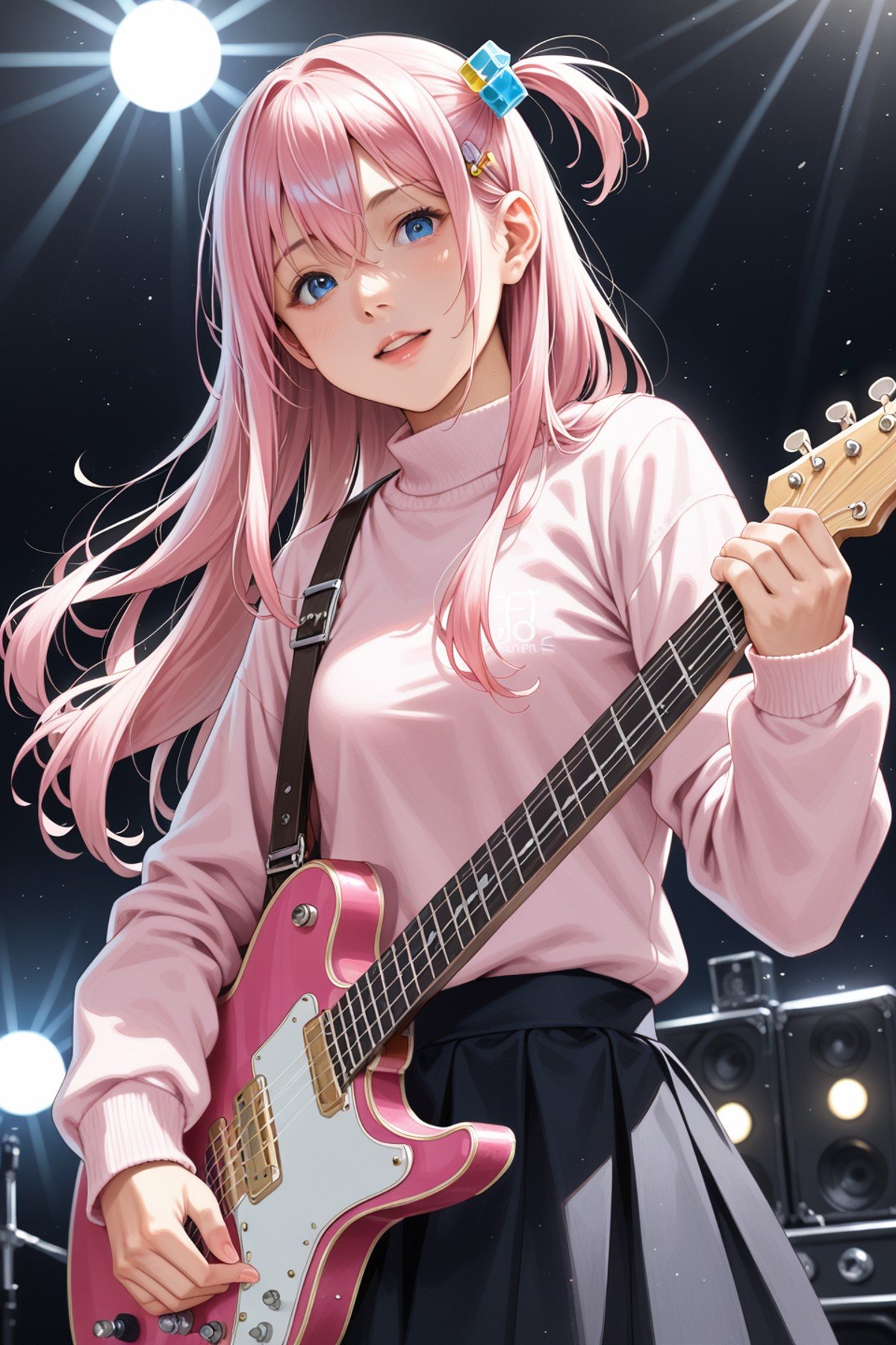 score_9, score_8_up, score_7_up, 1girl, solo, blue eyes, cube hair ornament, hair between eyes, hair ornament, pink hair, one side up, long hair, pink Jersey, long sleeves, black skirt,black electric guitar, holding, instrument,girl playing an electric guitar,stage lights,masterpiece, dynamic angle,solo focus,live. 